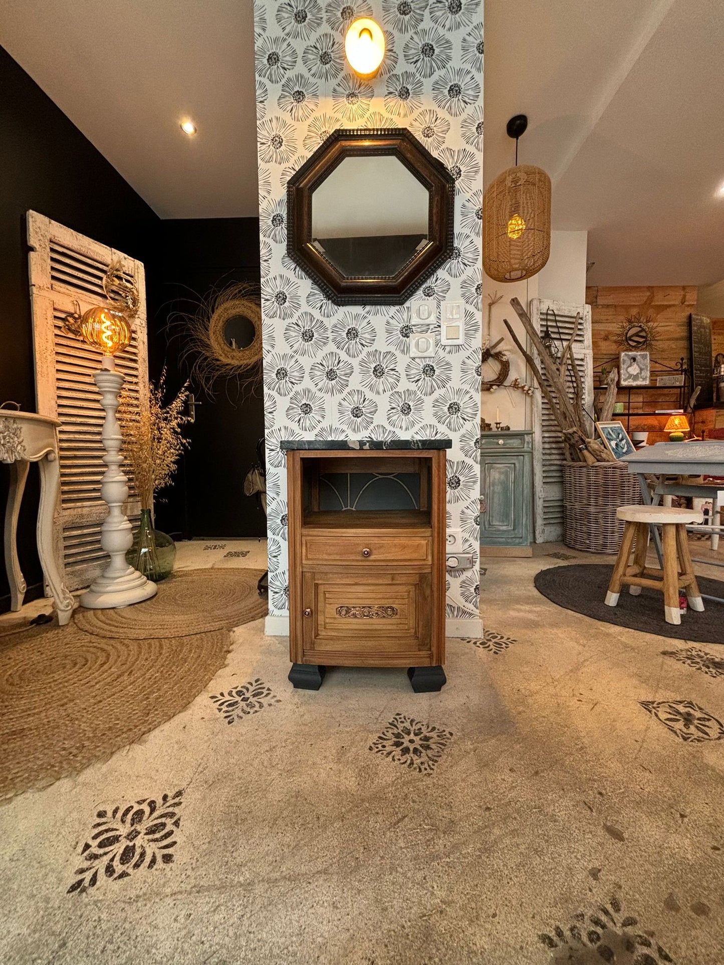 Table de chevet vintage Théo bois, marbre et gris bois massif