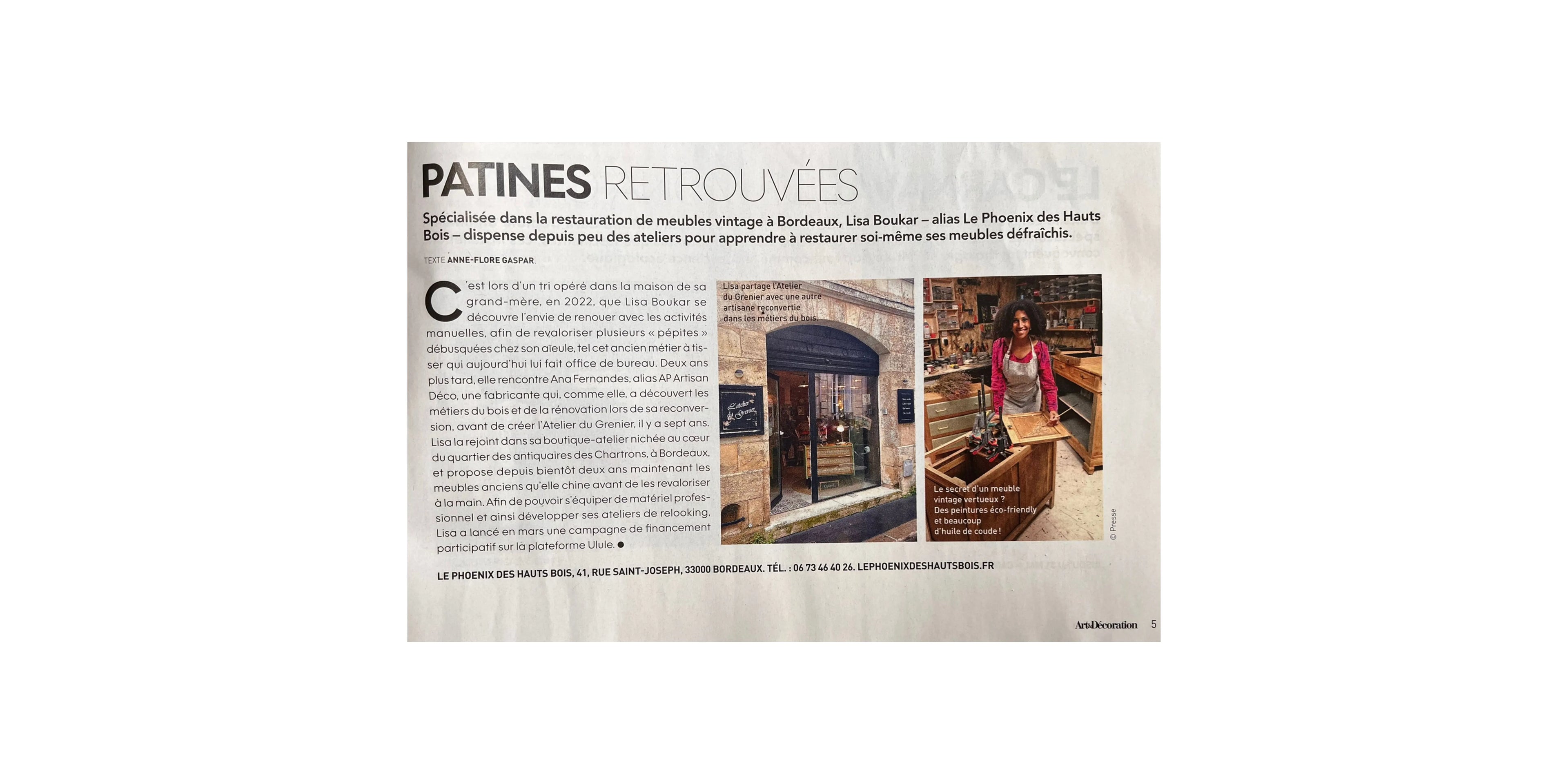 Art & Déco Magazine groupe Elle Le Phoenix des hauts bois rénovation restauration meubles bois vintage Bordeaux