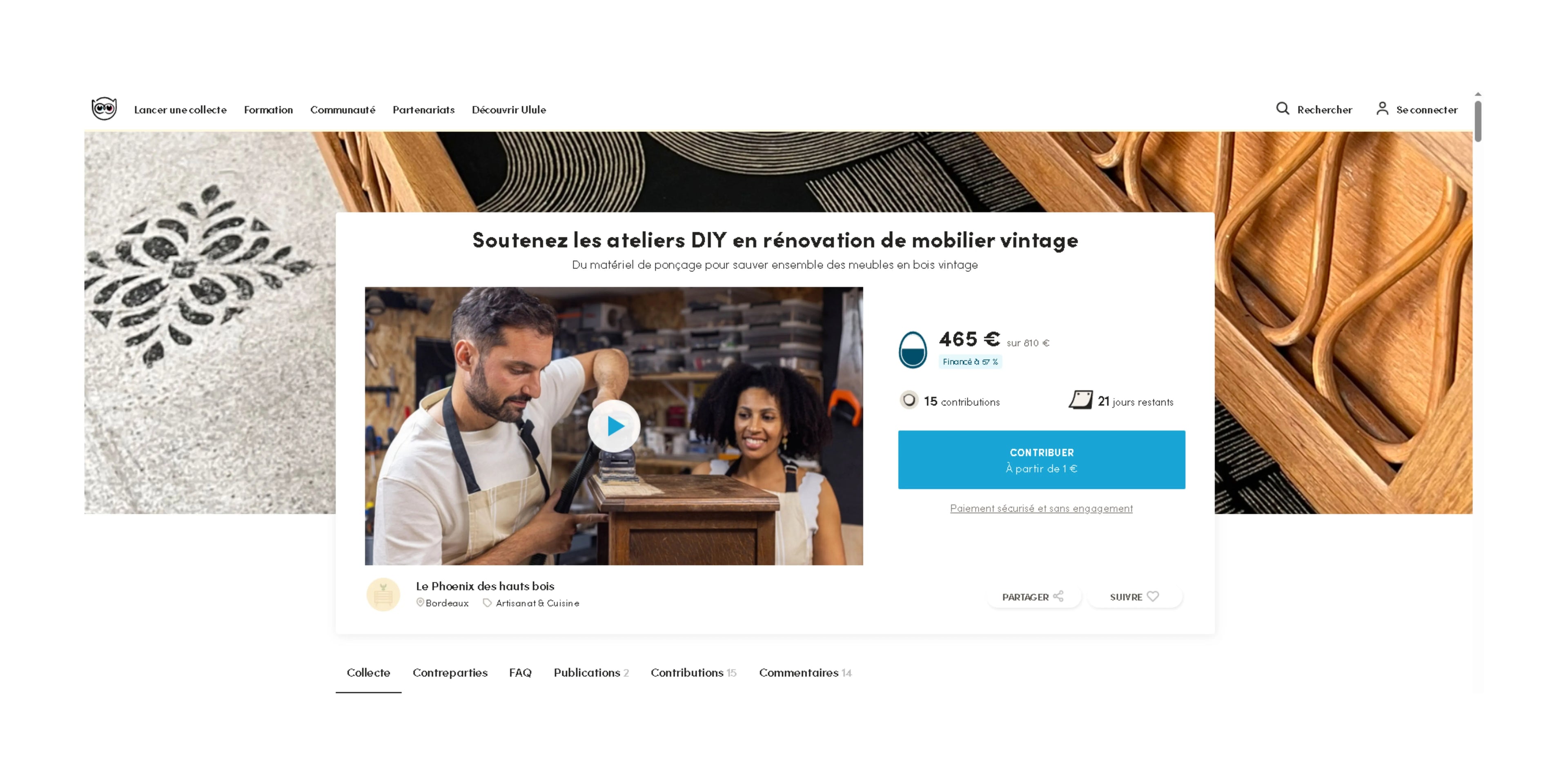 Cagnotte Ulule ateliers créatifs DIY rénovation meubles vintage Bordeaux