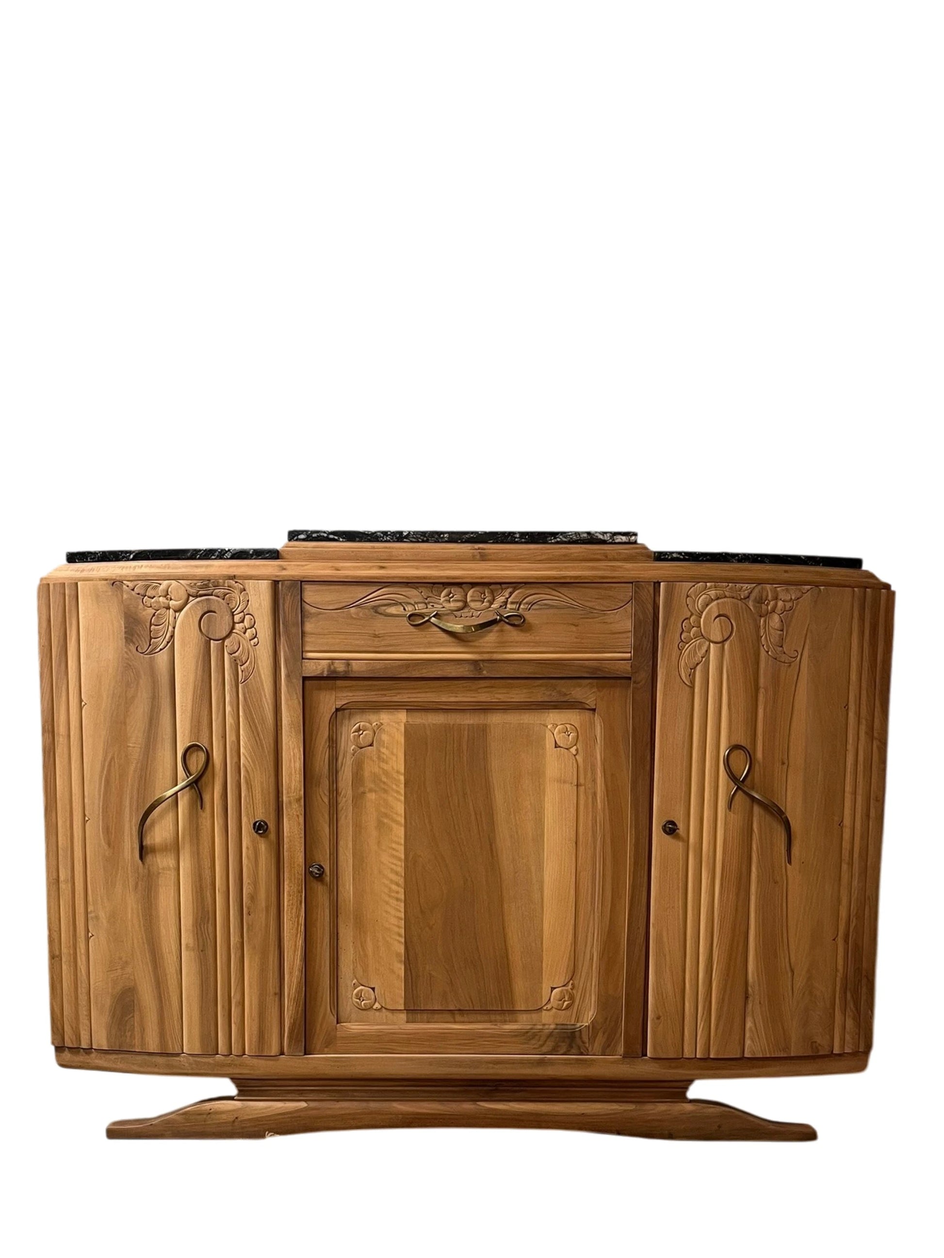 Buffet vintage Art Déco Ysandre bois massif marbre 3 portes 1 tiroir Bordeaux