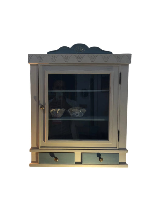 Etagère bibliothèque Bérénice bois, bleu et gris vieilli