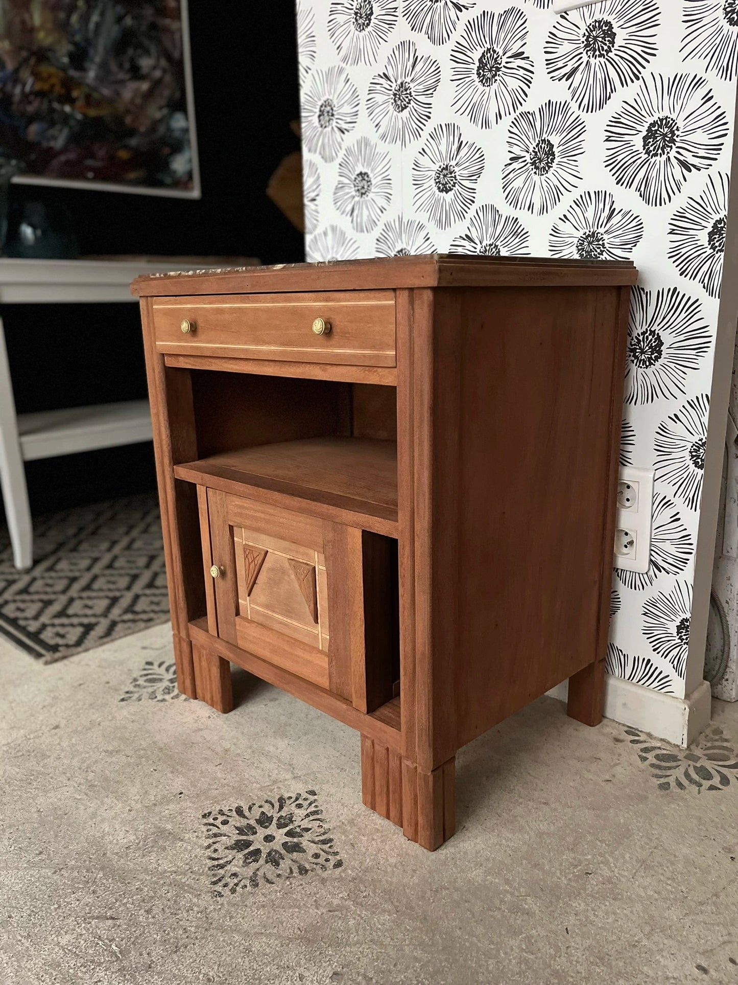 Duo tables de chevet vintage Art Déco Jada et Rosa bois et marbre