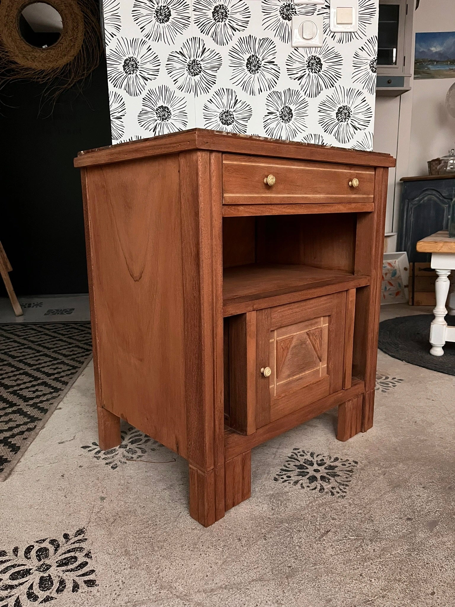 Duo tables de chevet vintage Art Déco Jada et Rosa bois et marbre