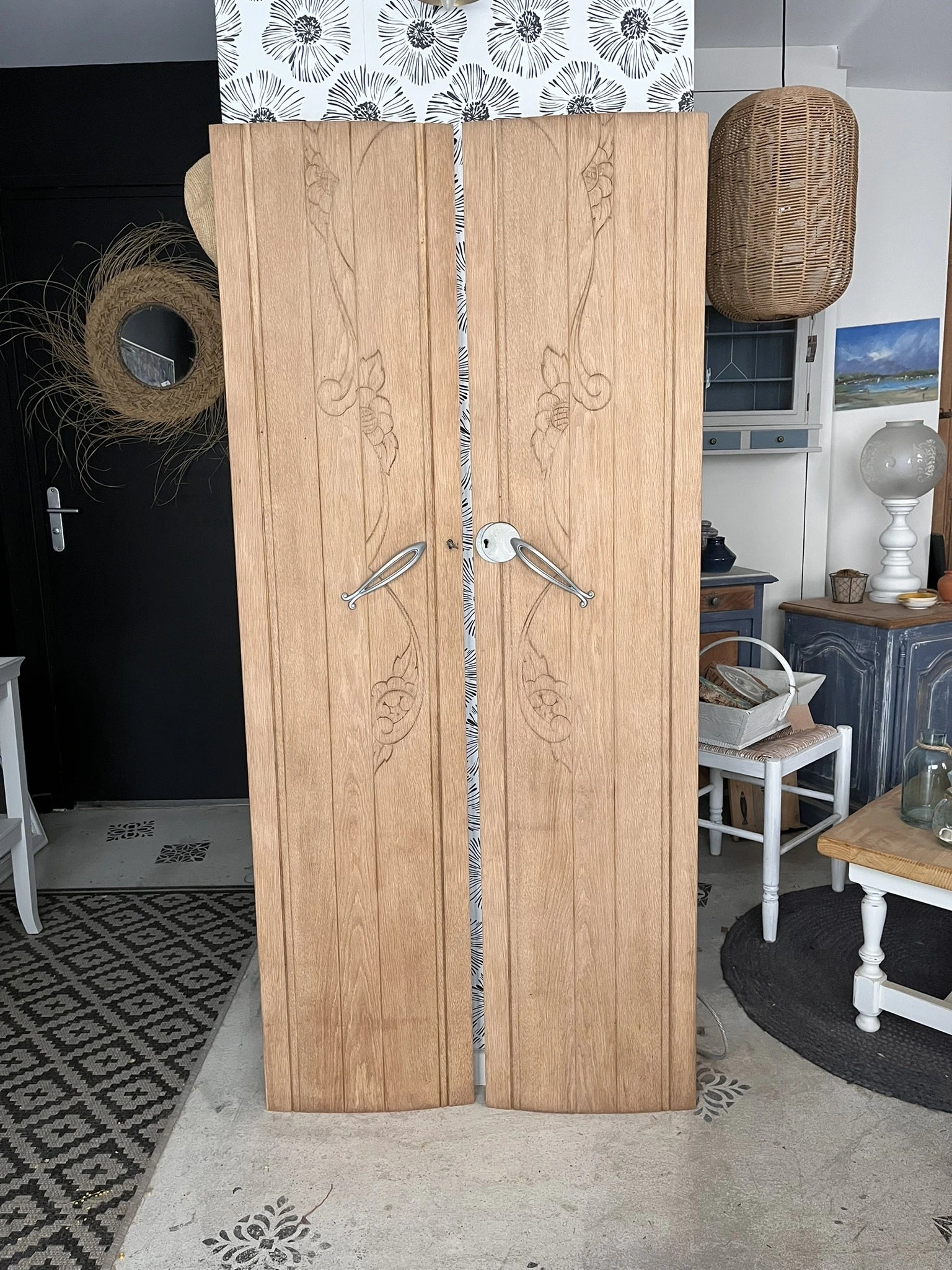 Portes vintage Art Déco Rose & Marguerite bois massif chêne