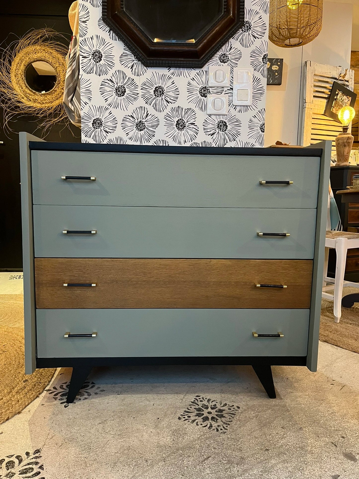 Commode Tino bois, gris vert et noir