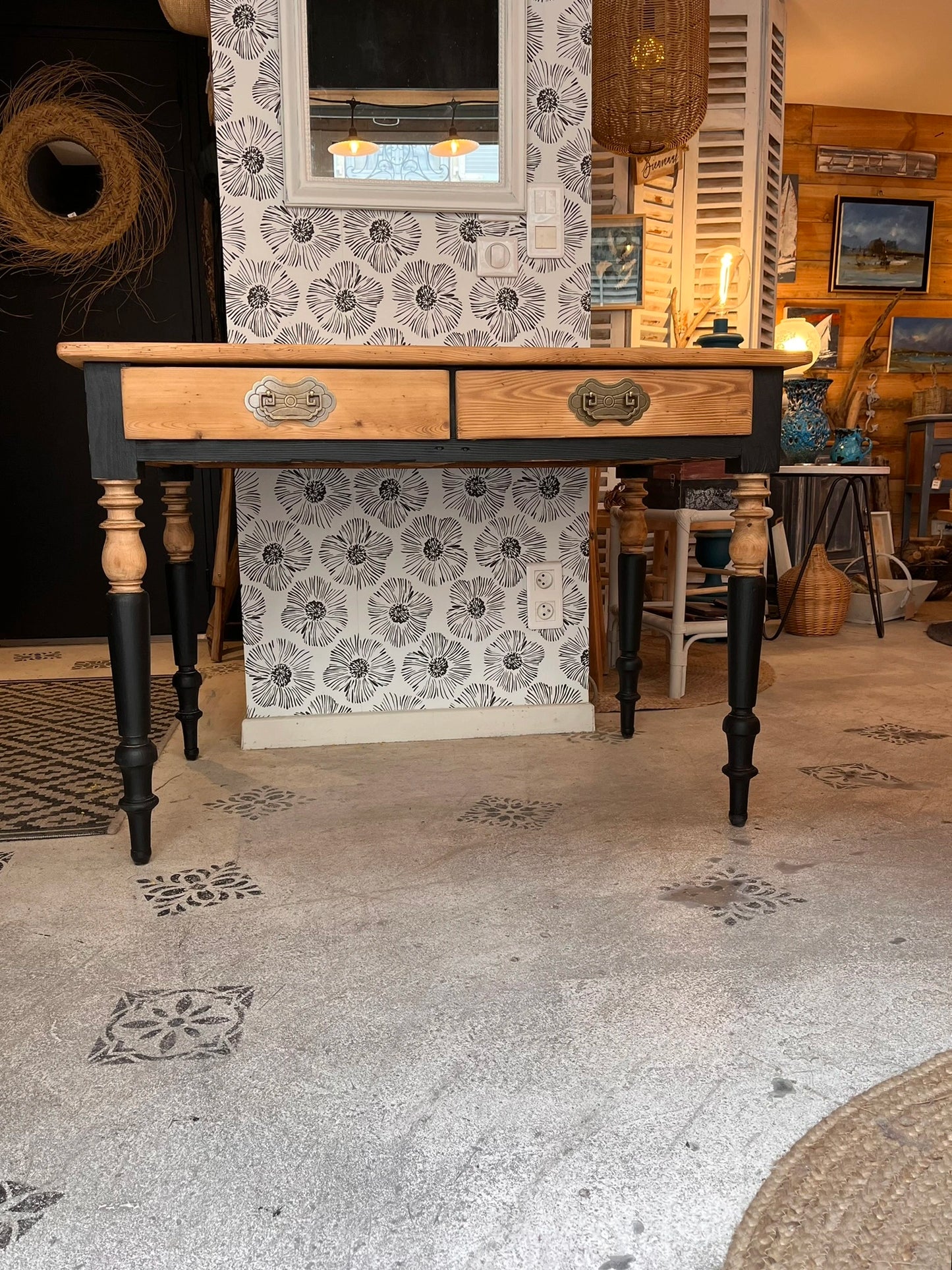 Bureau table vintage bois massif 2 tiroirs