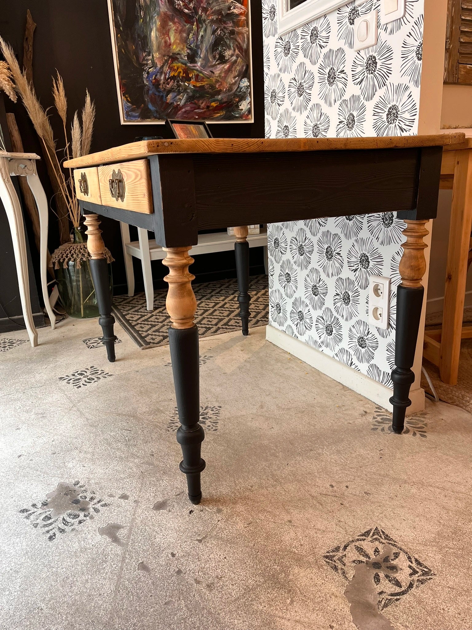 Bureau table vintage bois massif 2 tiroirs