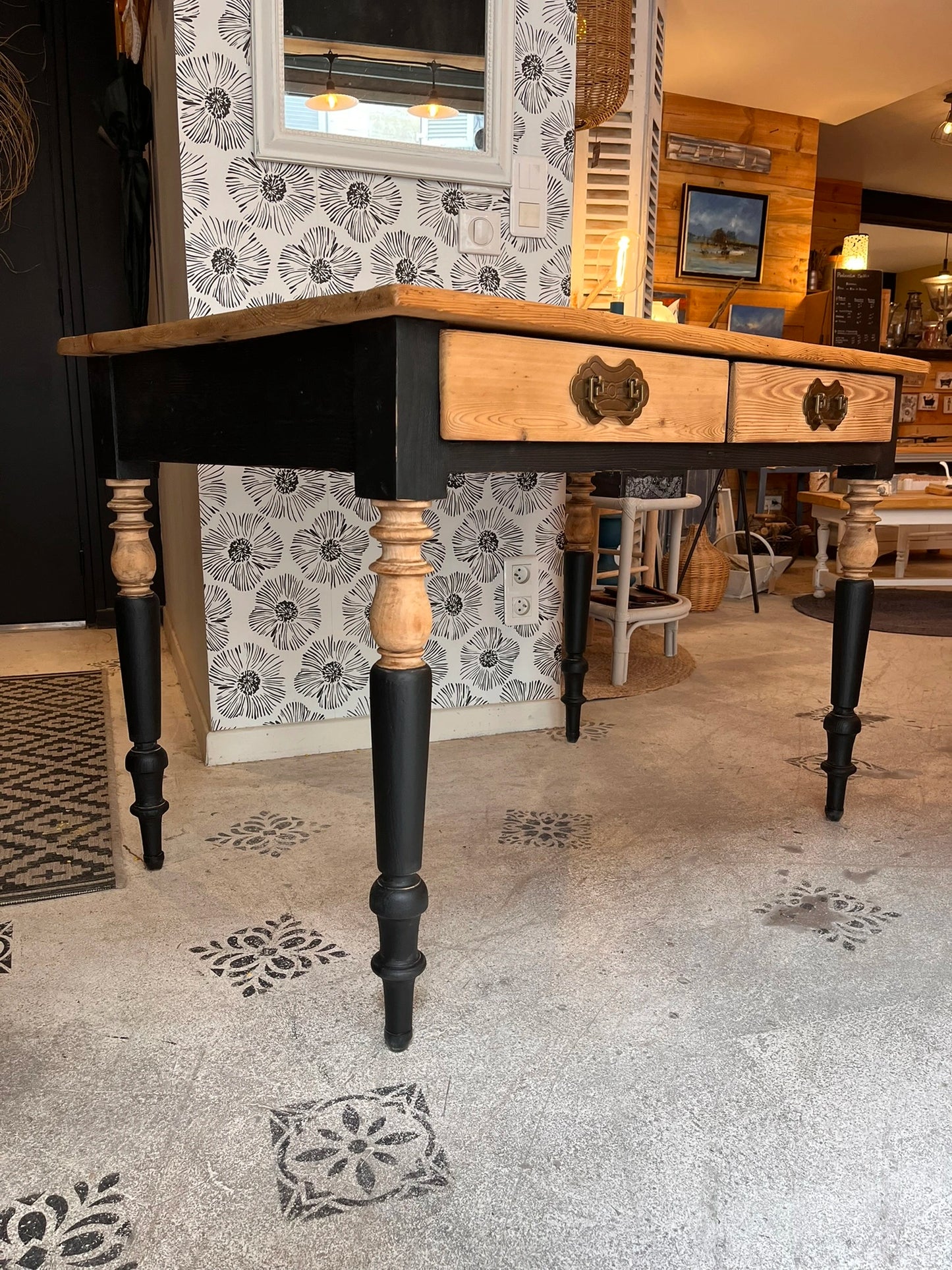 Bureau table vintage bois massif 2 tiroirs