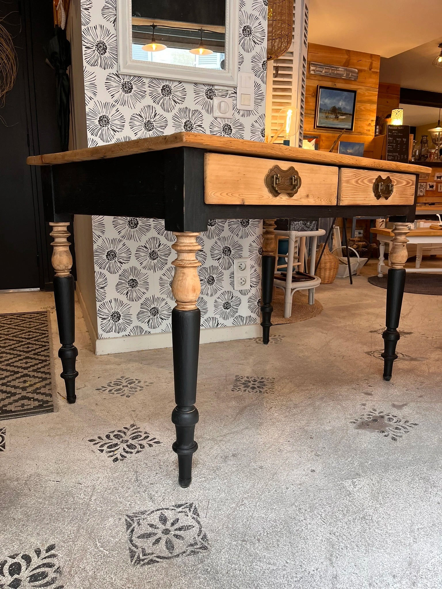 Bureau table vintage bois massif 2 tiroirs