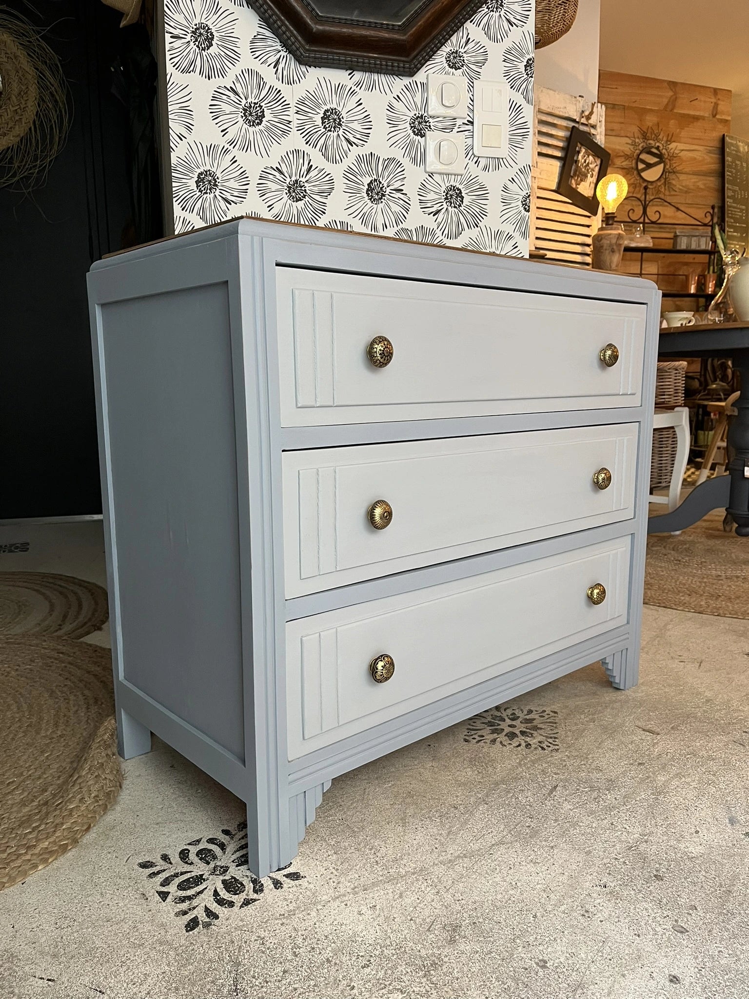 Commode Bianca bois et bleu gris Art Déco