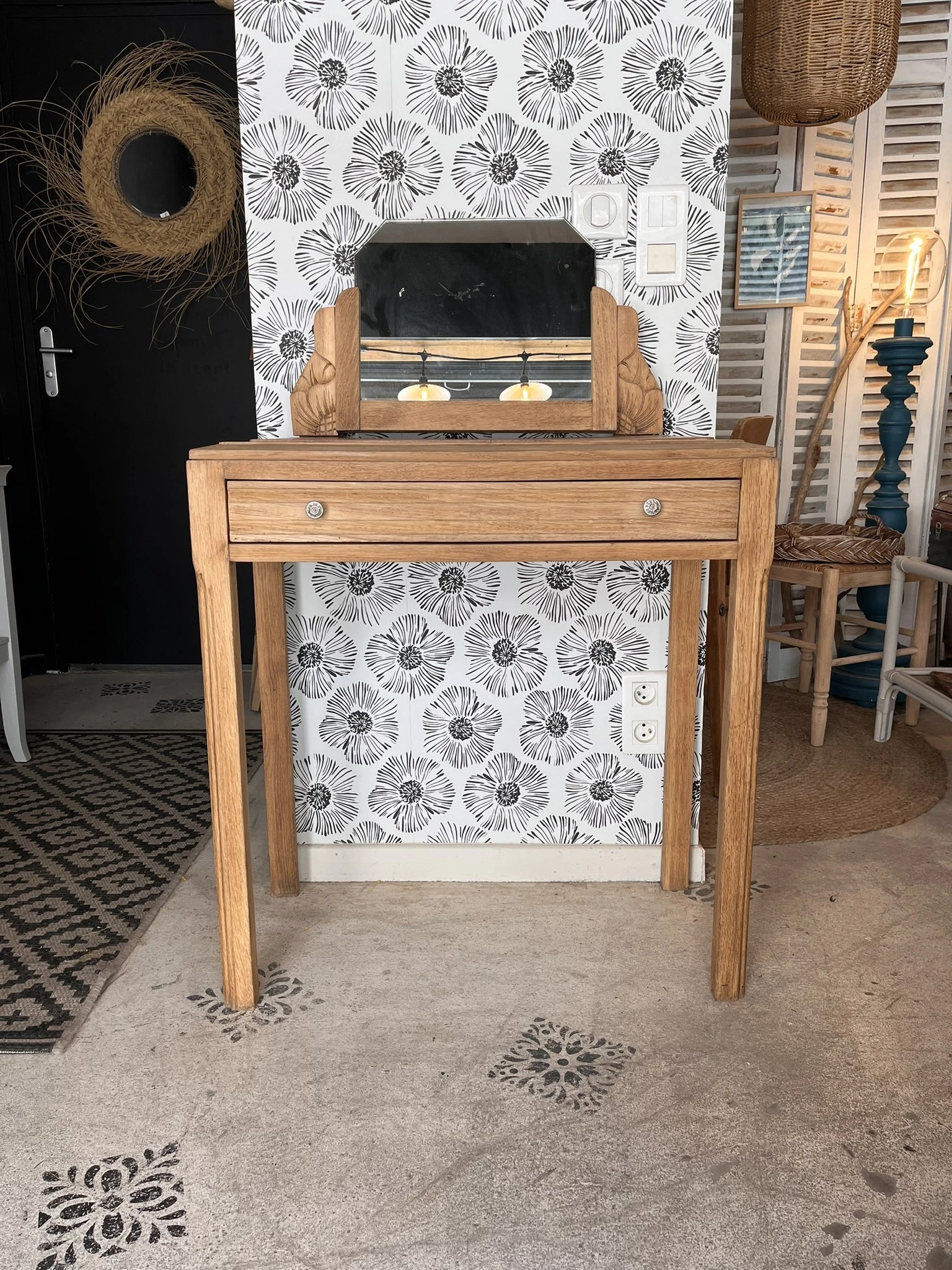 Coiffeuse vintage Art Déco Calliopée bois massif chêne Bordeaux