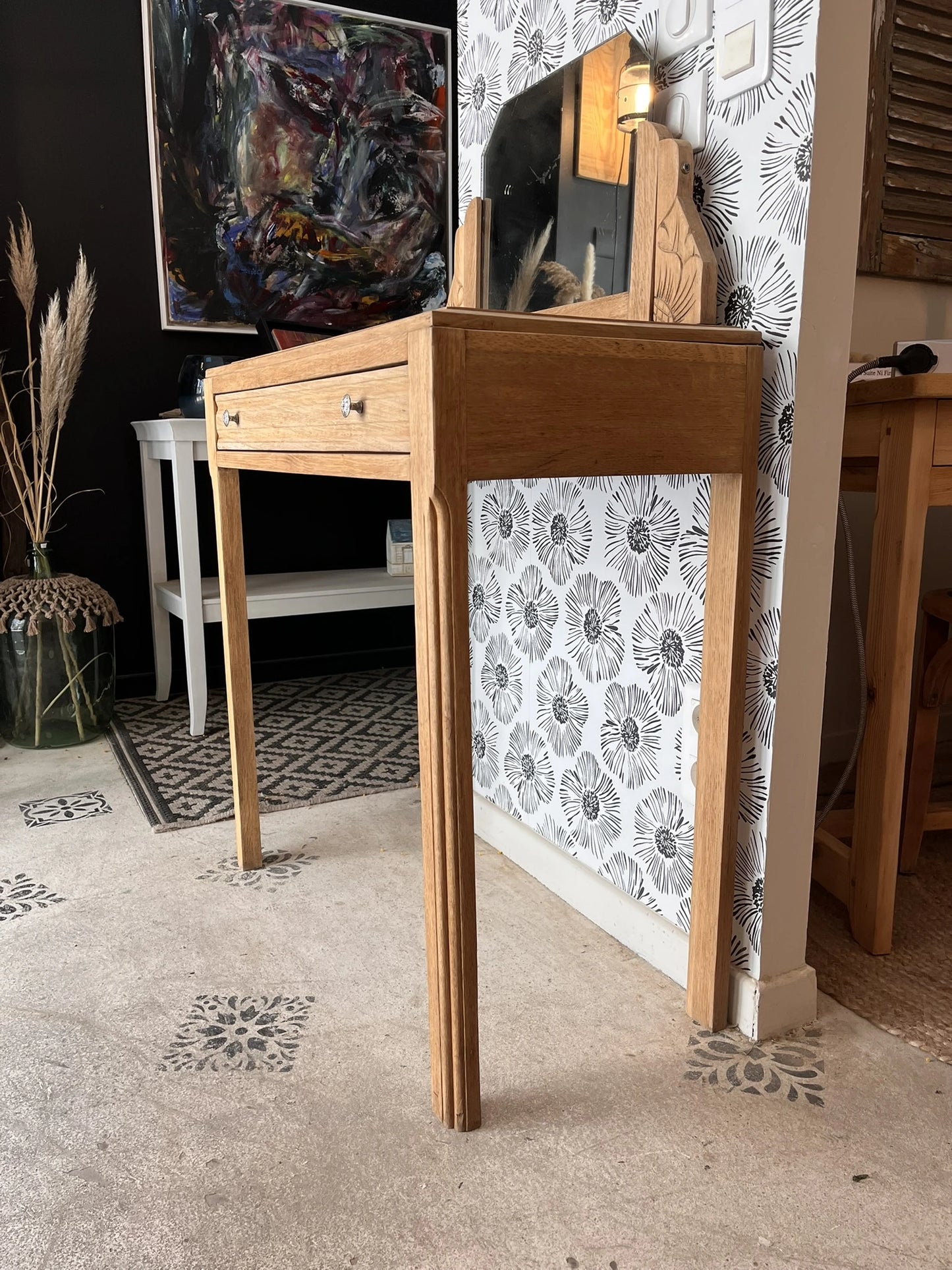 Coiffeuse vintage Art Déco Calliopée bois massif chêne Bordeaux