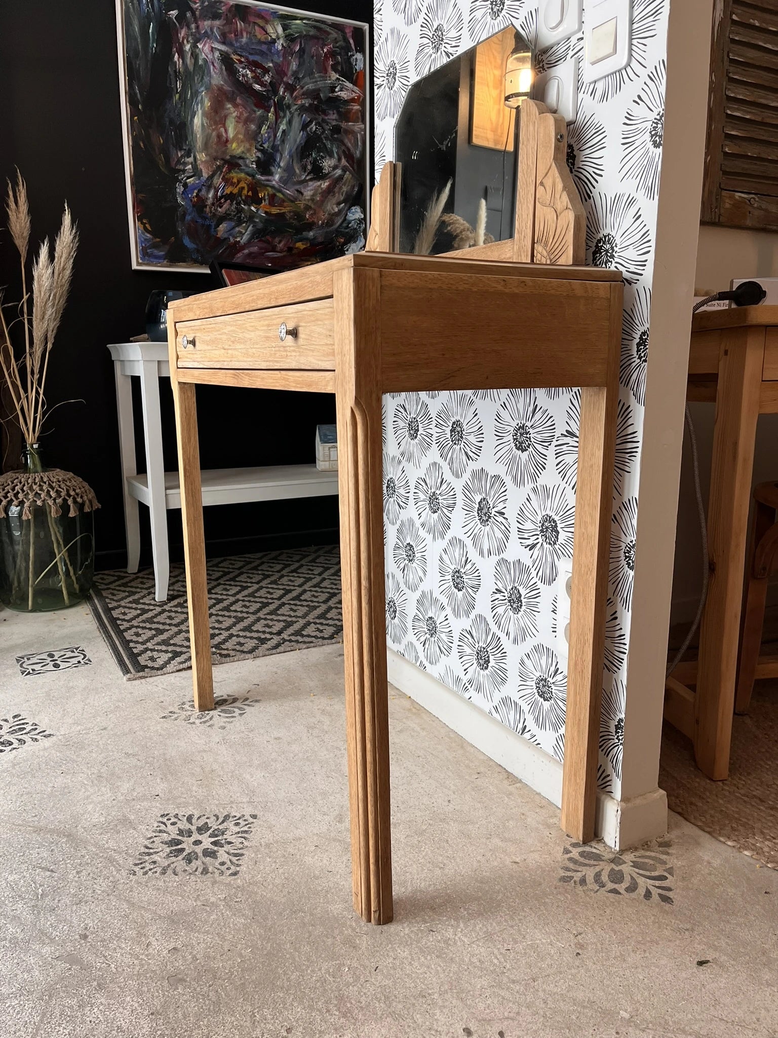 Coiffeuse vintage Art Déco Calliopée bois massif chêne Bordeaux