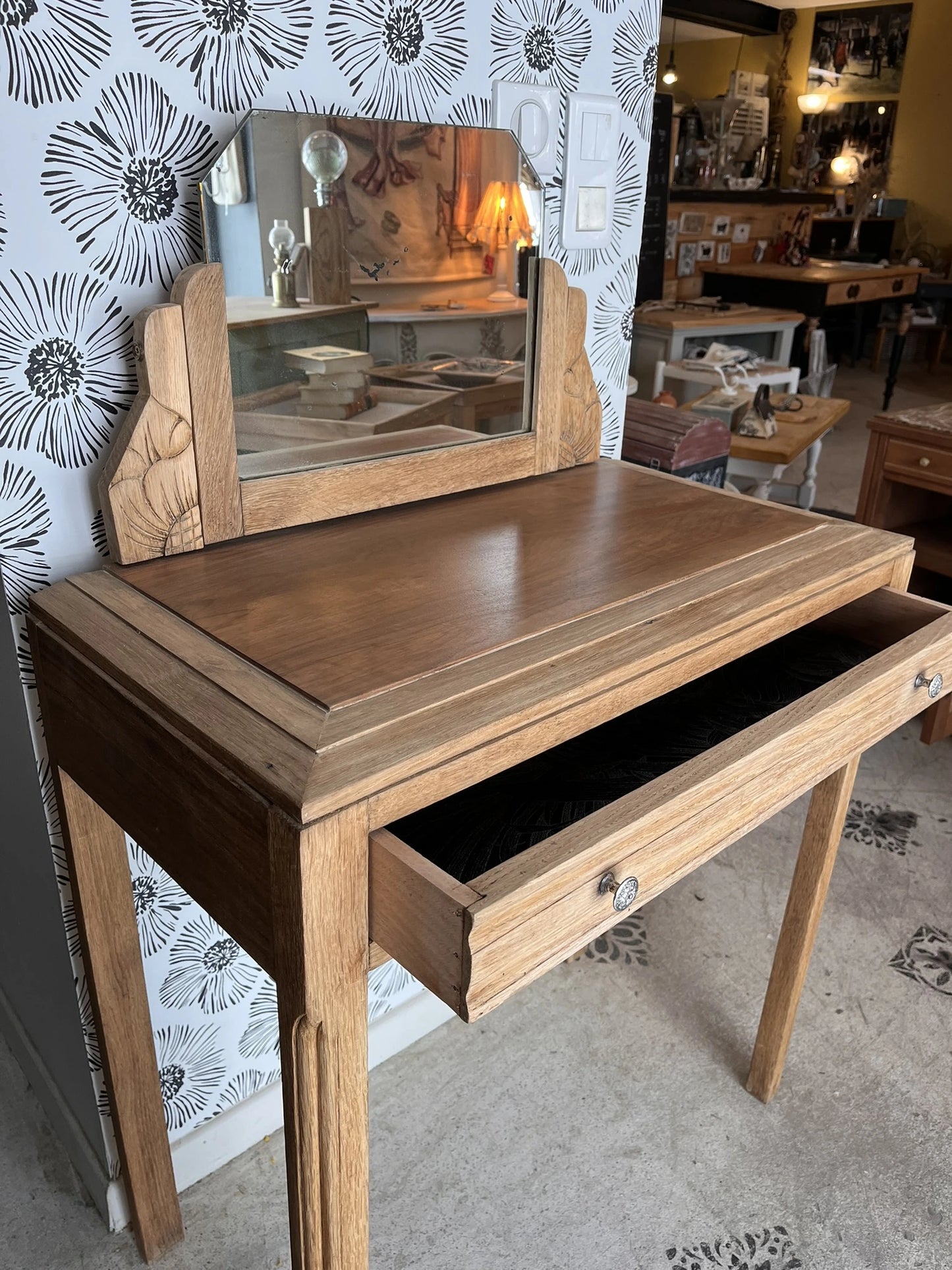 Coiffeuse vintage Art Déco Calliopée bois massif chêne Bordeaux