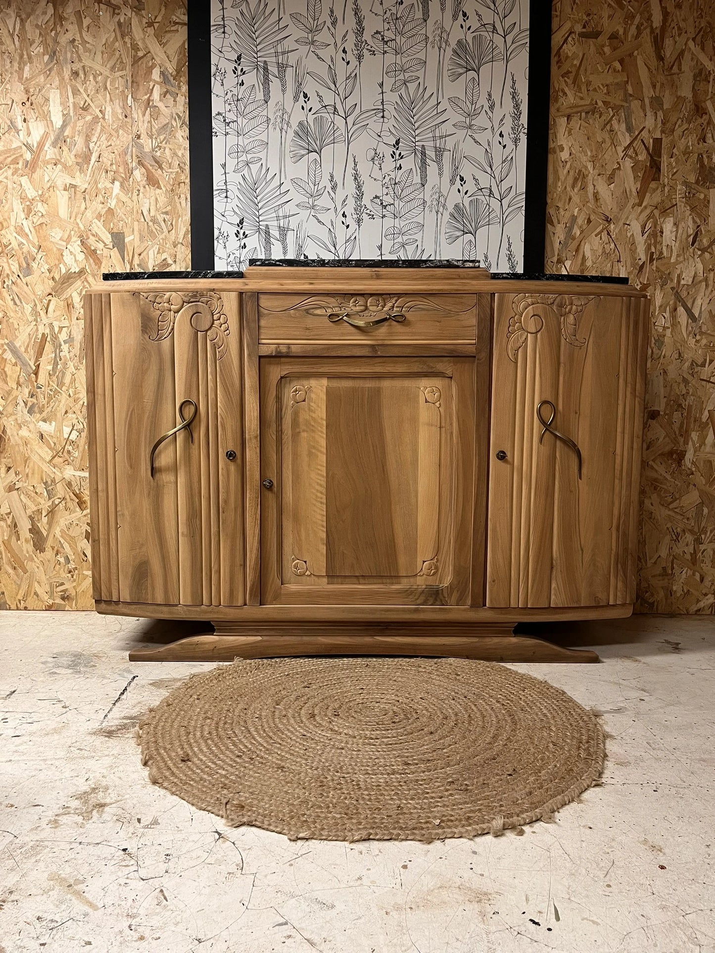 Grand buffet vintage Art Déco Ysandre 3 portes 1 tiroir bois massif et marbre