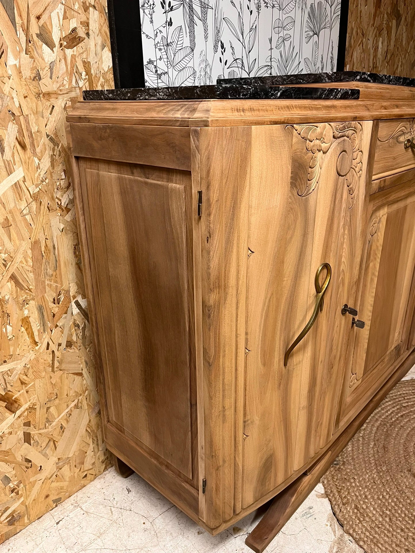 Buffet vintage Art Déco Ysandre bois massif marbre 3 portes 1 tiroir Bordeaux
