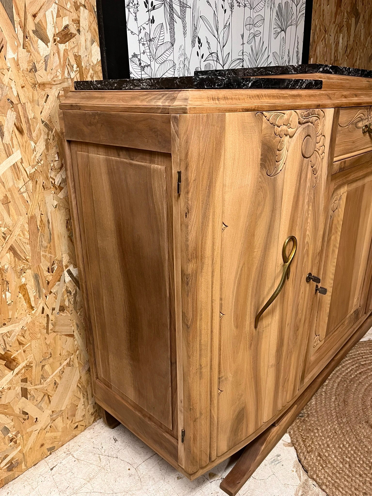 Buffet vintage Art Déco Ysandre bois massif marbre 3 portes 1 tiroir Bordeaux