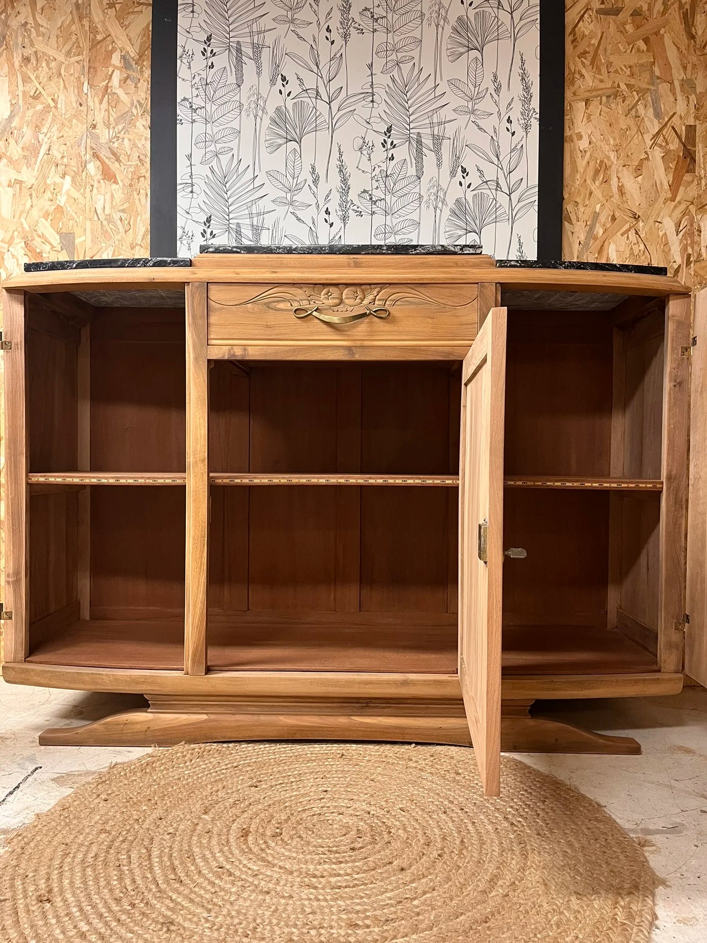 Grand buffet vintage Art Déco Ysandre 3 portes 1 tiroir bois massif et marbre