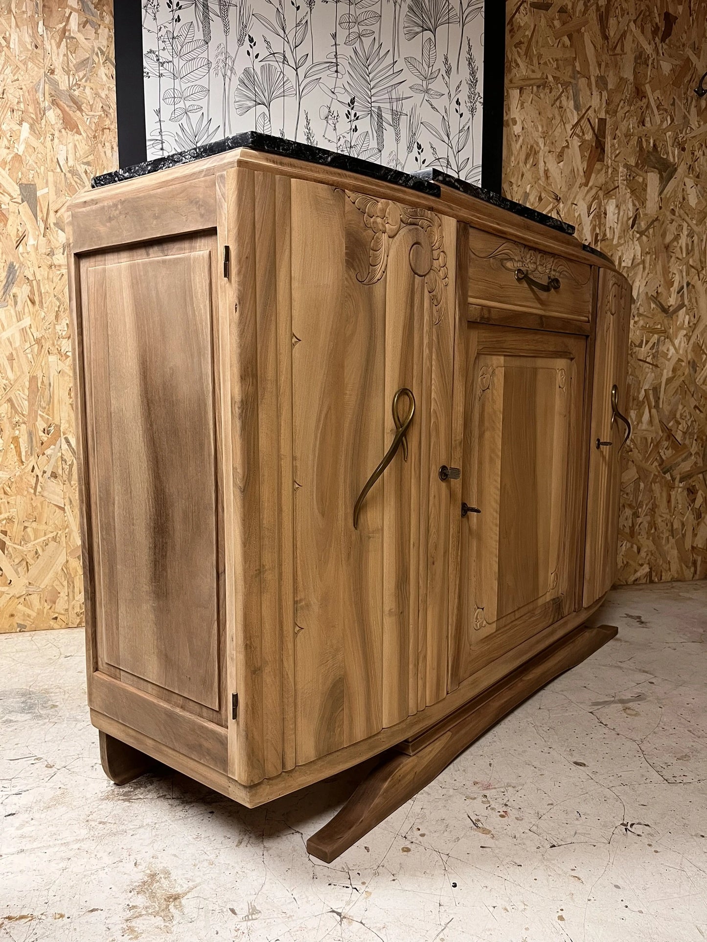 Buffet vintage Art Déco Ysandre bois massif marbre 3 portes 1 tiroir Bordeaux
