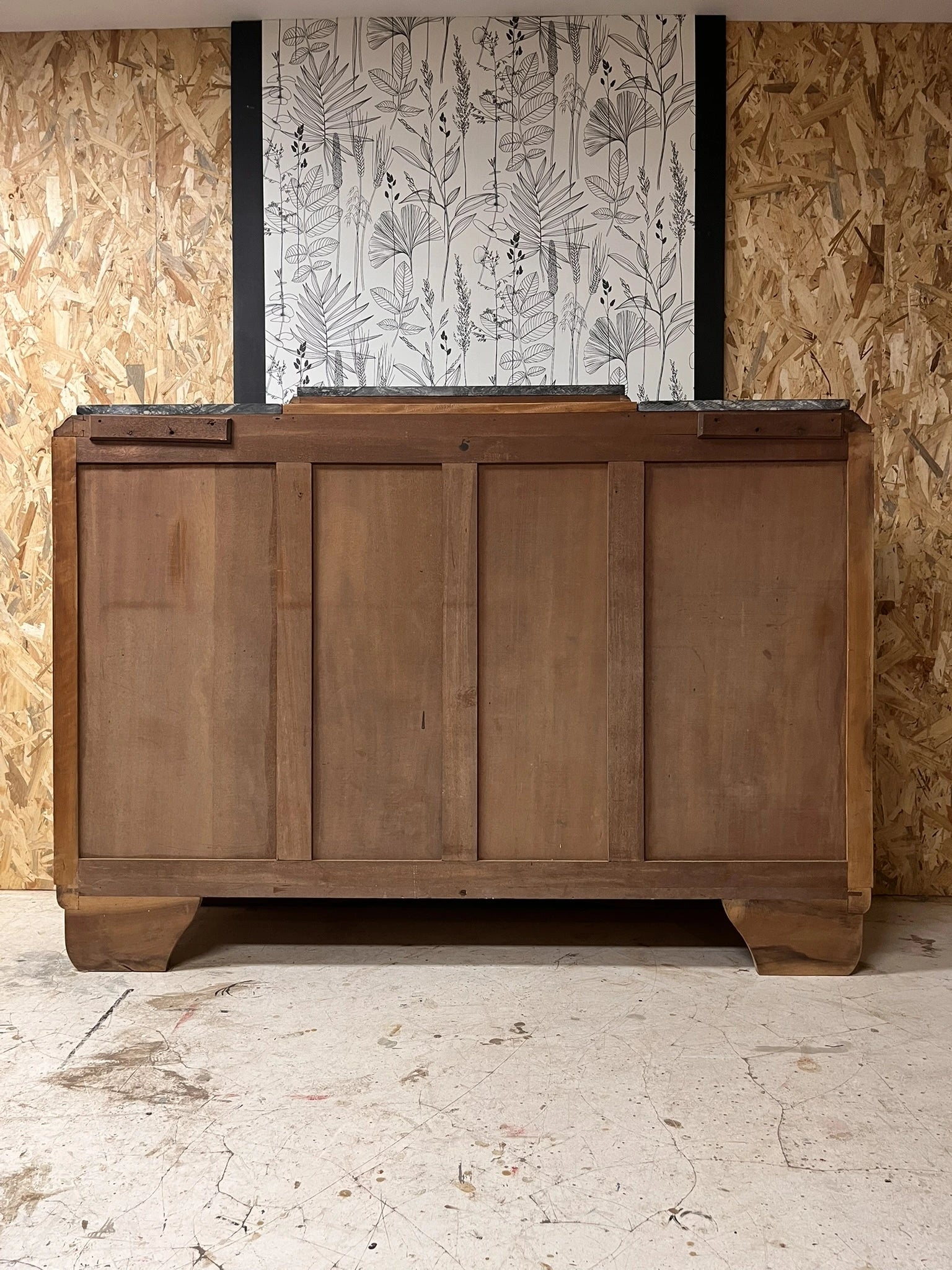 Buffet vintage Art Déco Ysandre bois massif marbre 3 portes 1 tiroir Bordeaux