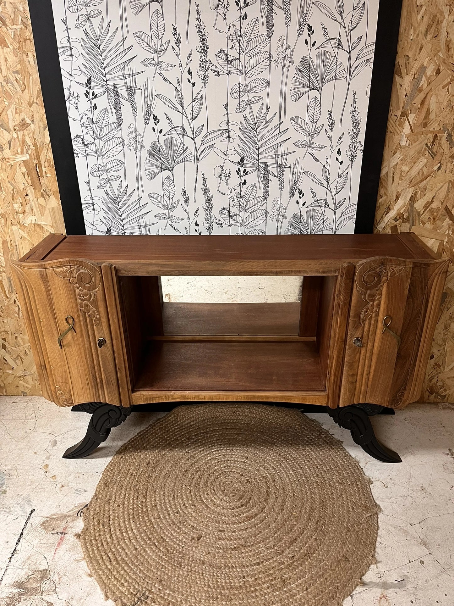 Buffet Art Déco vintage Isidore bois massif 2 portes étagères miroir Bordeaux 