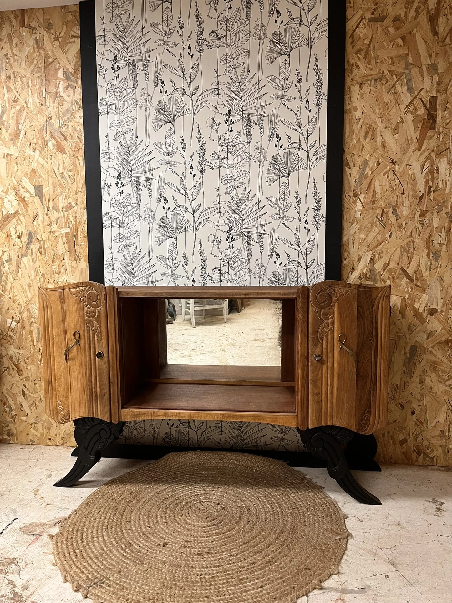 Buffet Art Déco vintage Isidore bois massif 2 portes étagères miroir Bordeaux 