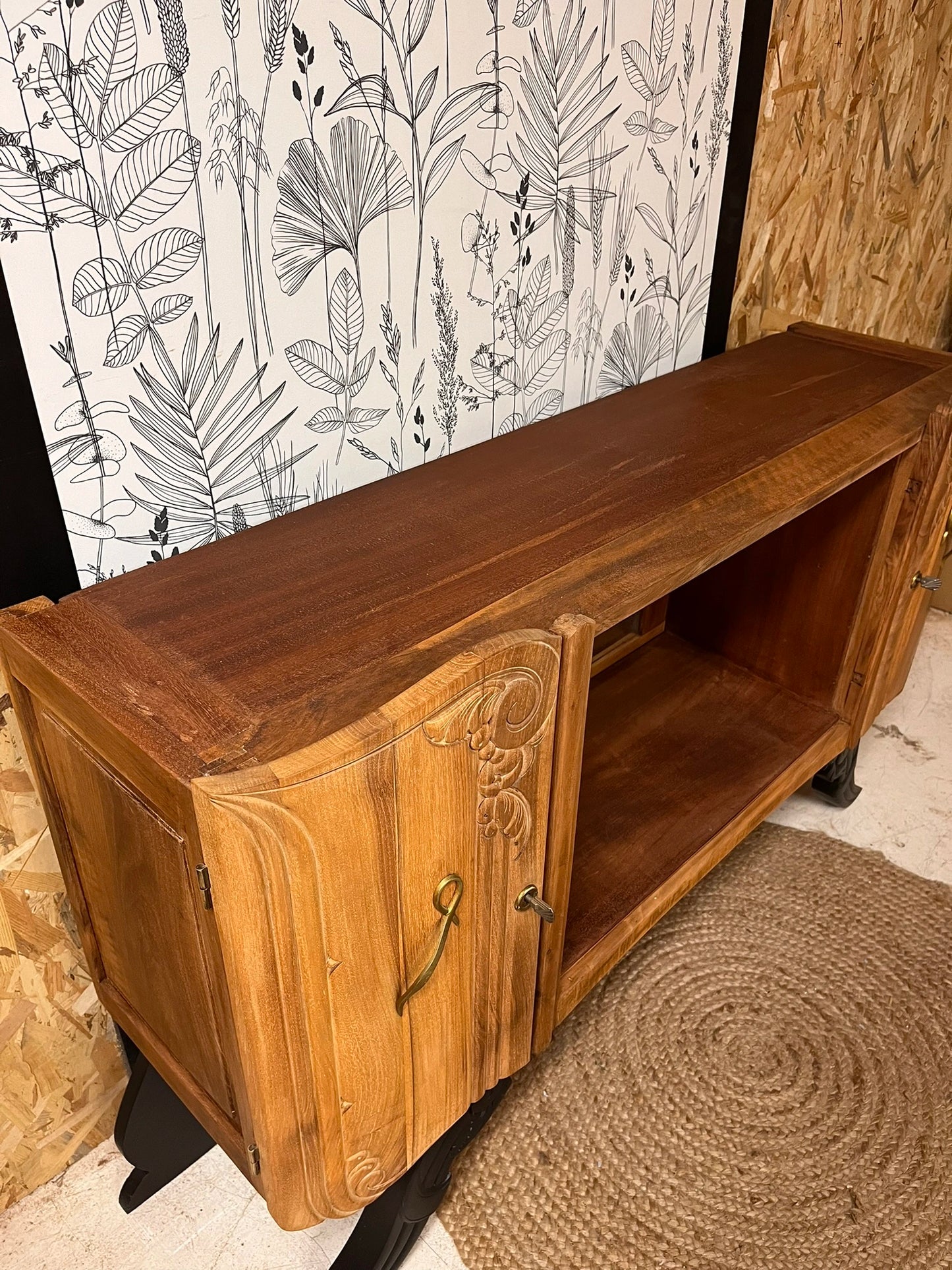 Buffet Art Déco vintage Isidore bois massif 2 portes étagères miroir Bordeaux 