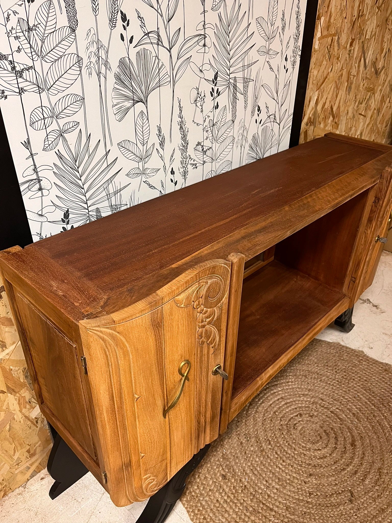 Buffet Art Déco vintage Isidore bois massif 2 portes étagères miroir Bordeaux 