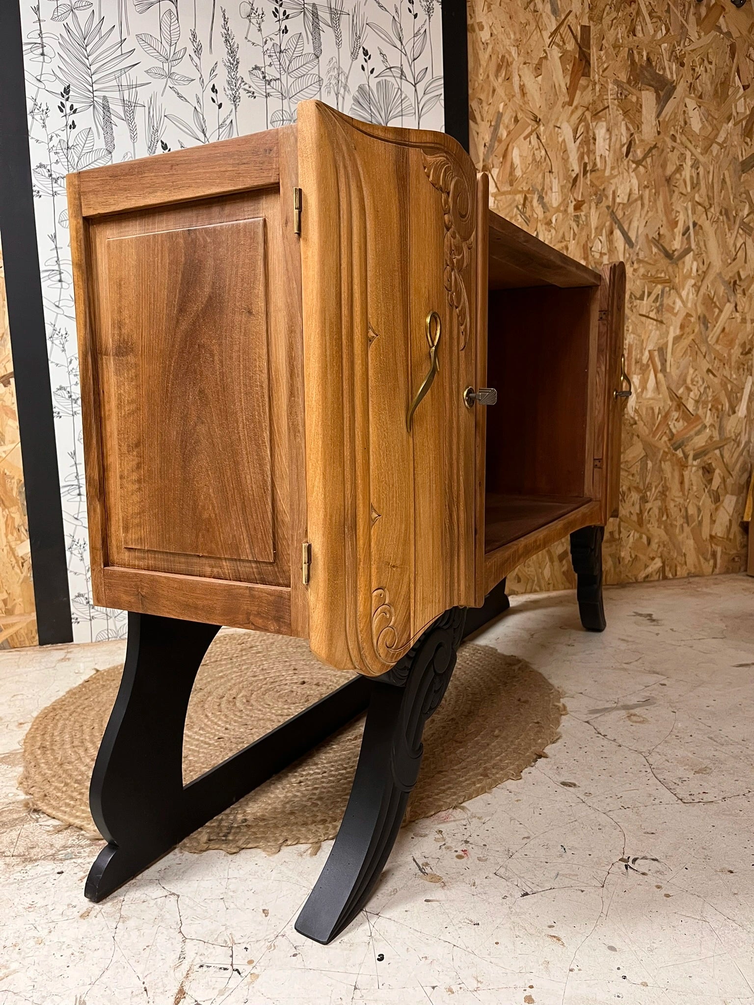 Buffet Art Déco vintage Isidore bois massif 2 portes étagères miroir Bordeaux 