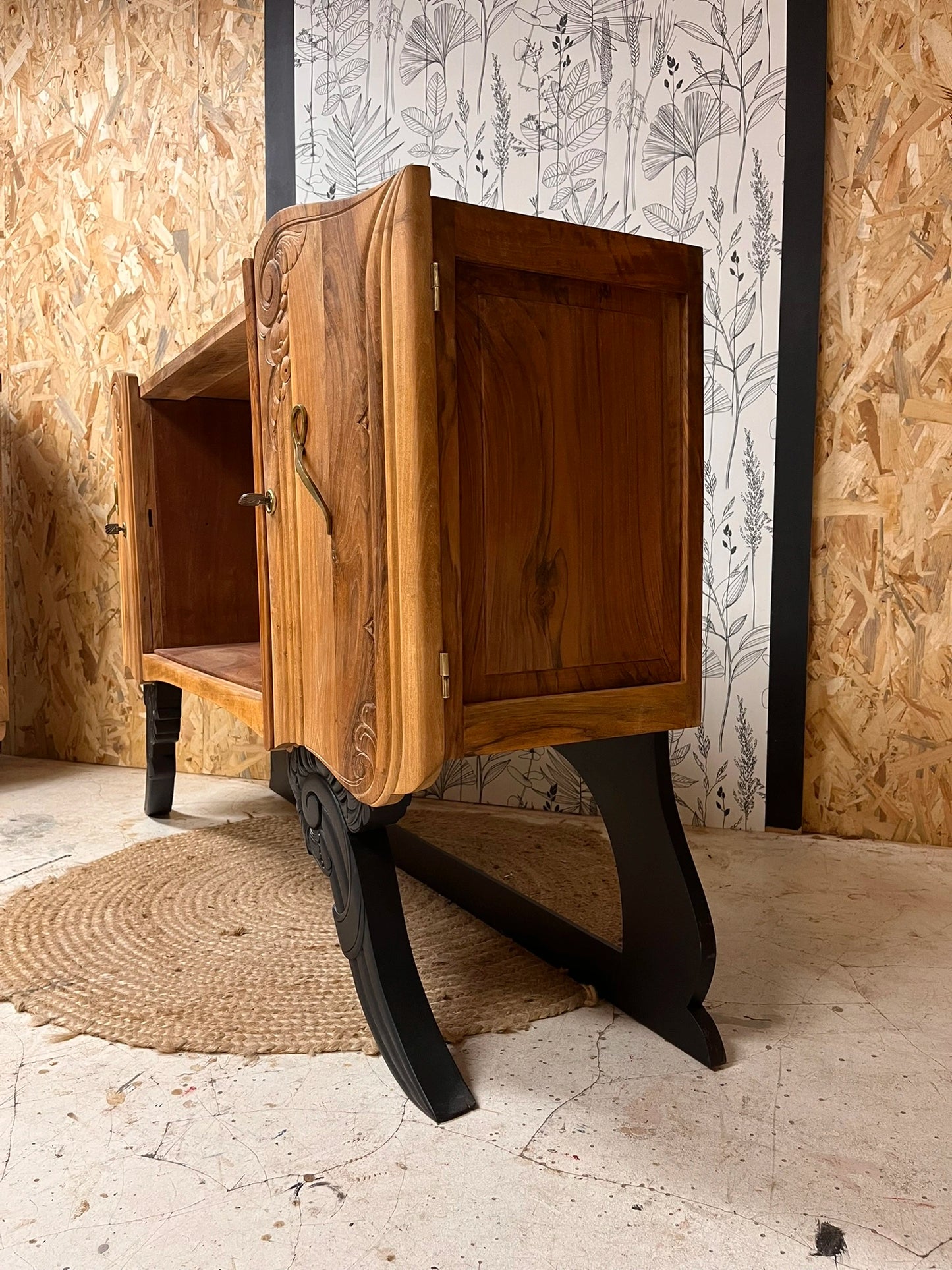 Buffet Art Déco vintage Isidore bois massif 2 portes étagères miroir Bordeaux 