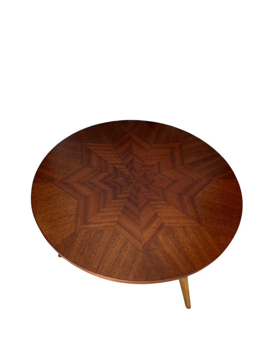 table basse scandinave marqueterie bois pieds compas