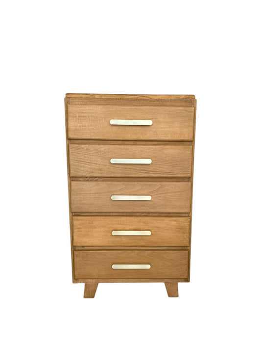 Chiffonnier commode vintage scandinave tiroirs bois, doré, pieds compas