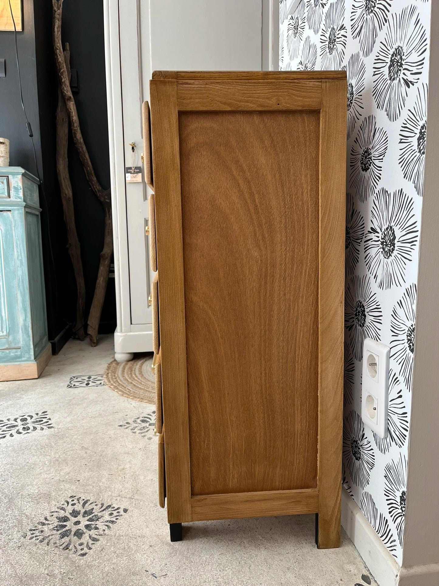 Chiffonnier commode vintage scandinave tiroirs bois, doré, pieds compas