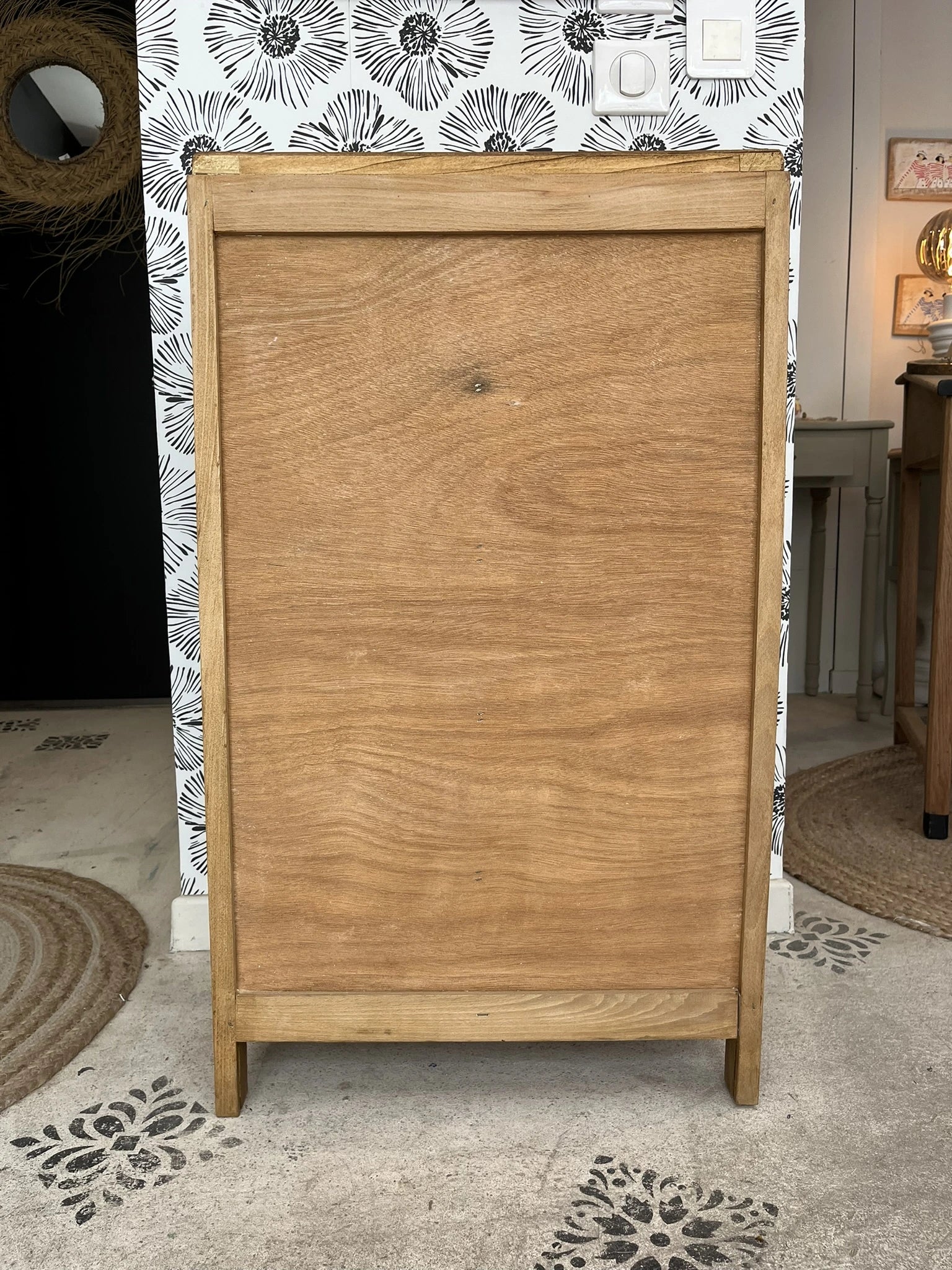 Chiffonnier commode vintage scandinave tiroirs bois, doré, pieds compas