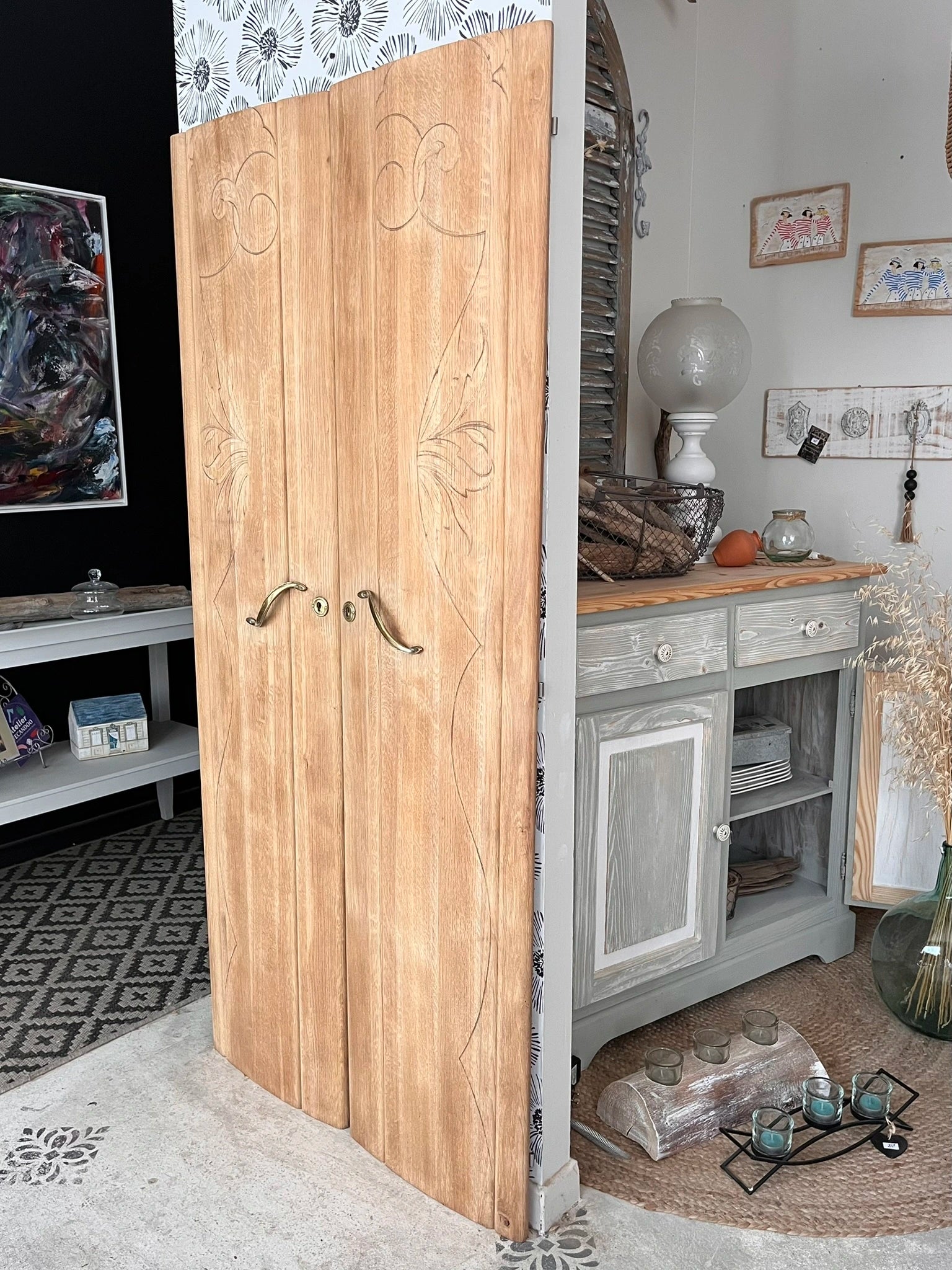Duo portes d'armoire Art Déco bois massif chêne Solweig & Abigaël Bordeaux tête de lit paravent