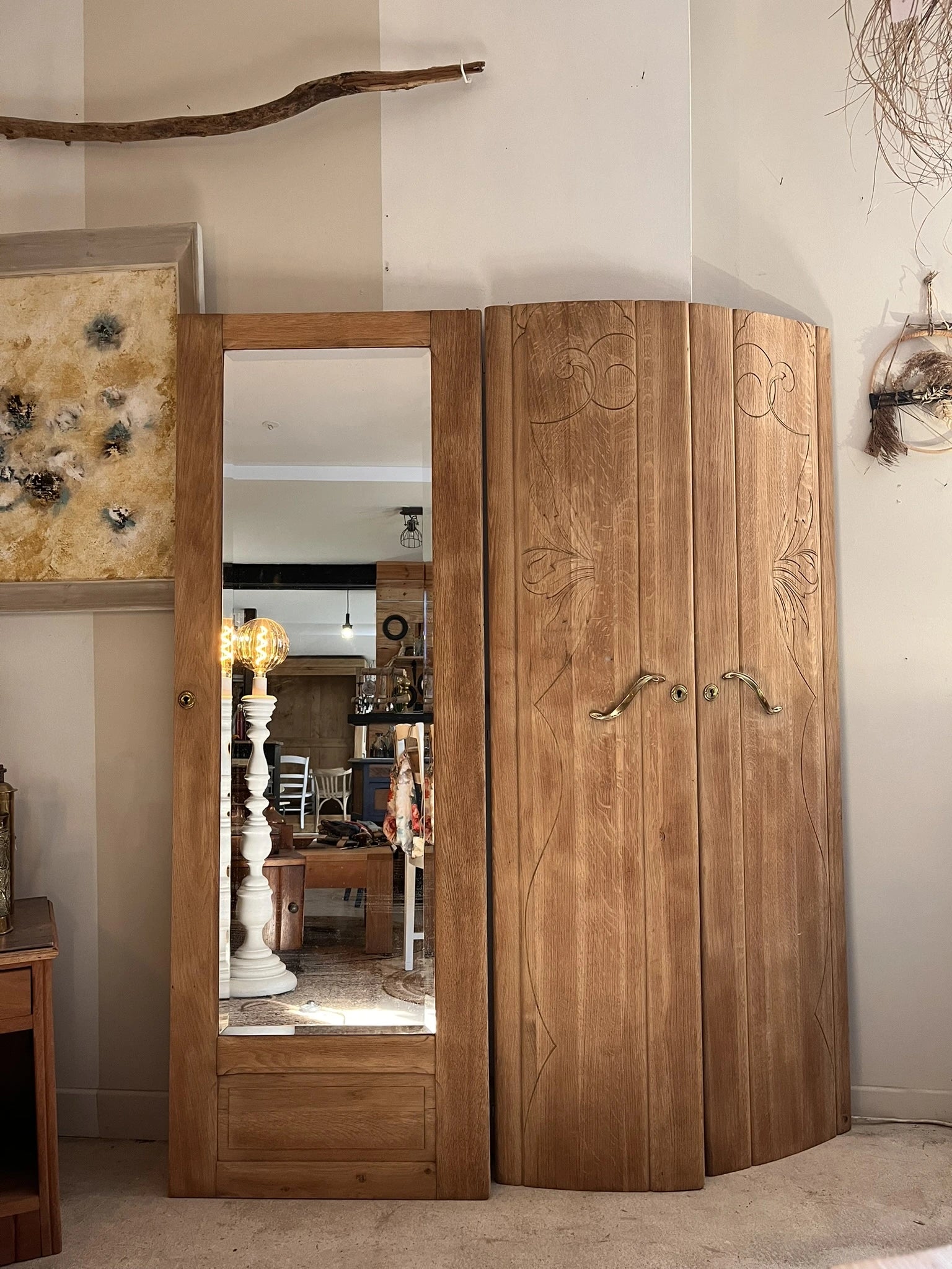 Porte armoire biseauté vintage Art Déco bois massif chêne Azalée