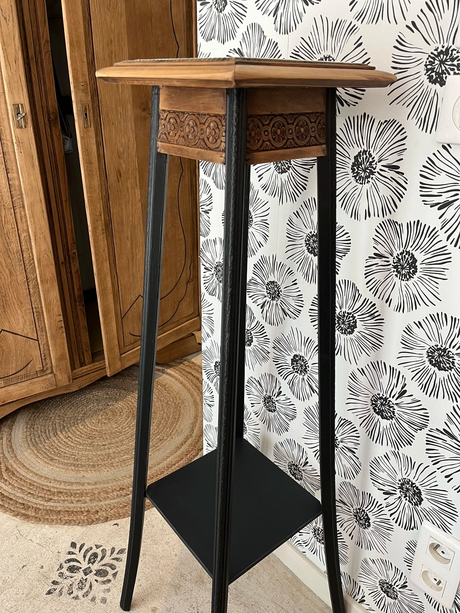 Sellette porte-plante, support plante bois massif, noir et gris