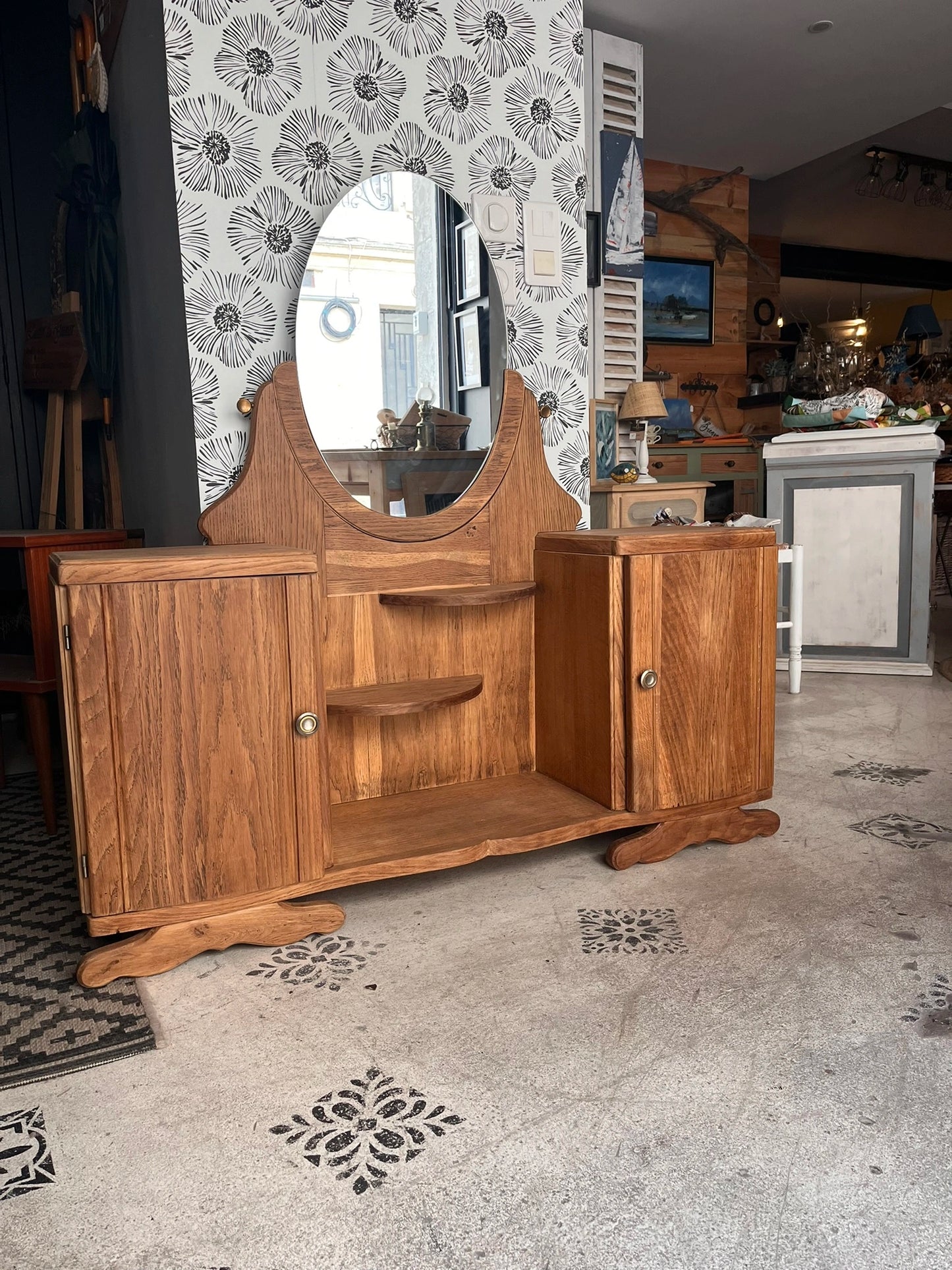Coiffeuse buffet vintage Art Déco Mélissande 2 portes miroir Bordeaux