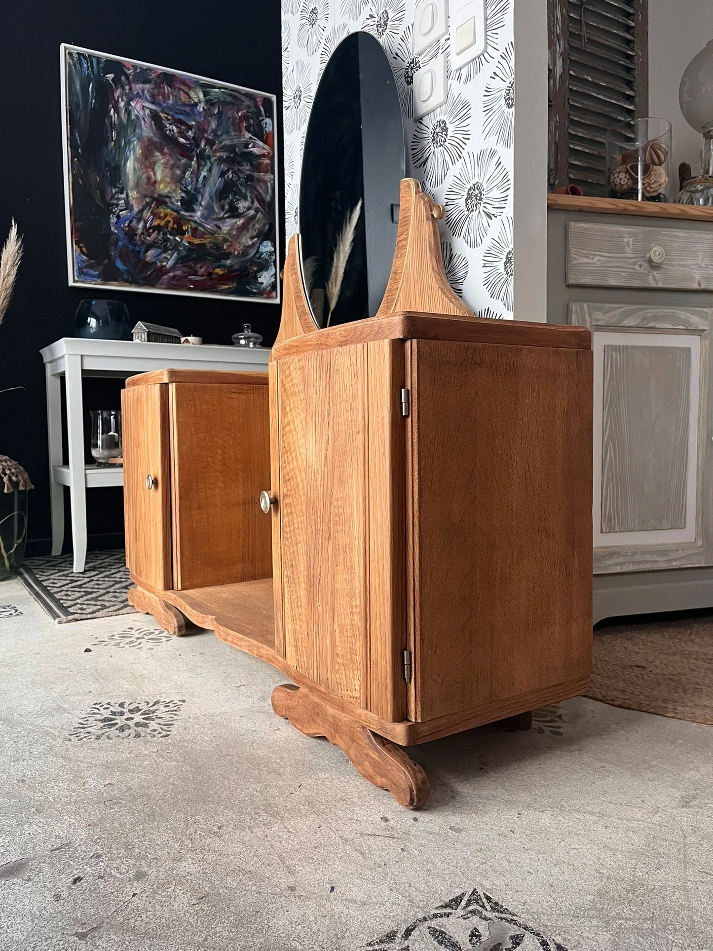 Coiffeuse buffet vintage Art Déco Mélissande 2 portes miroir Bordeaux
