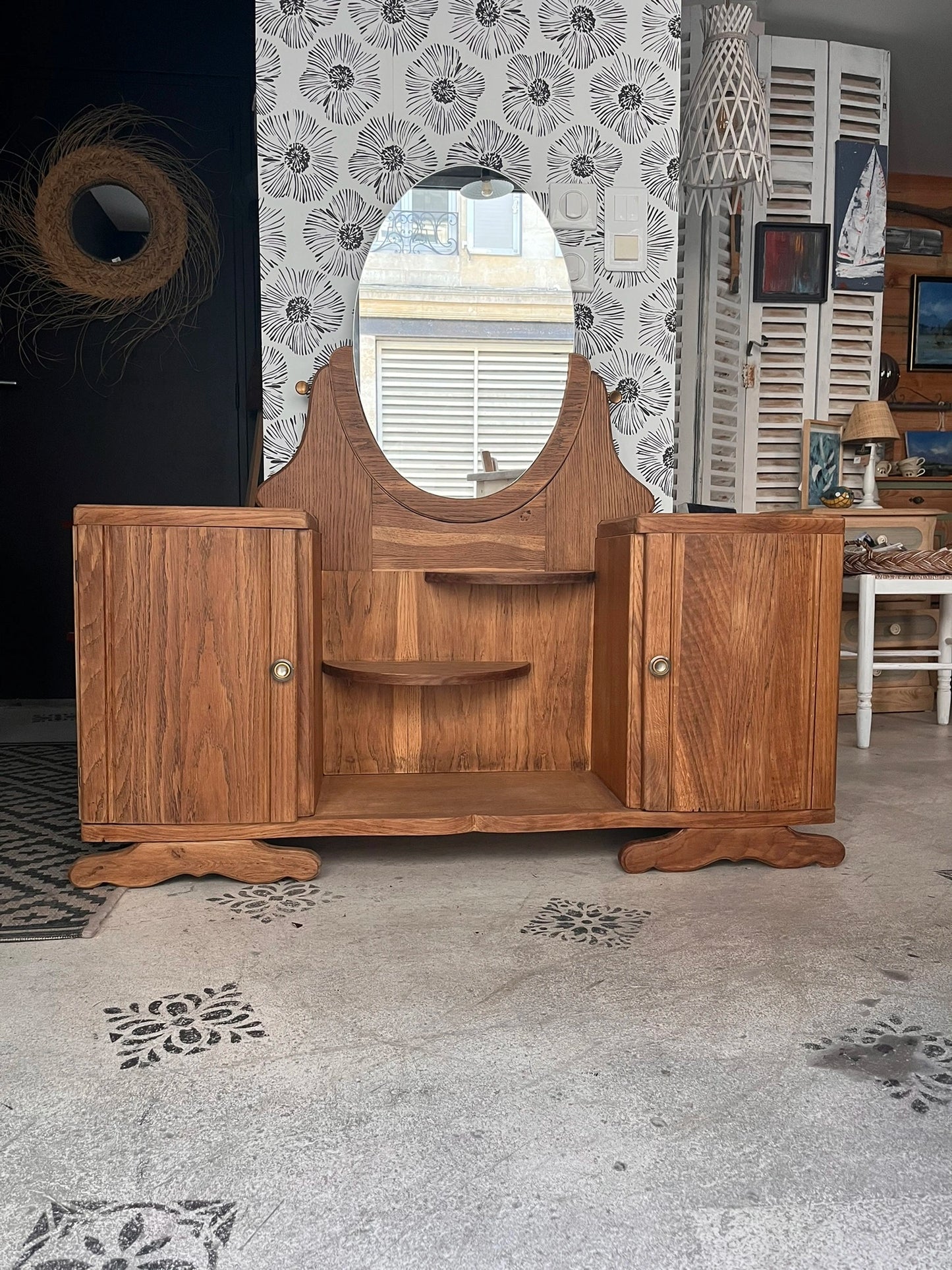 Coiffeuse buffet vintage Art Déco Mélissande 2 portes miroir Bordeaux