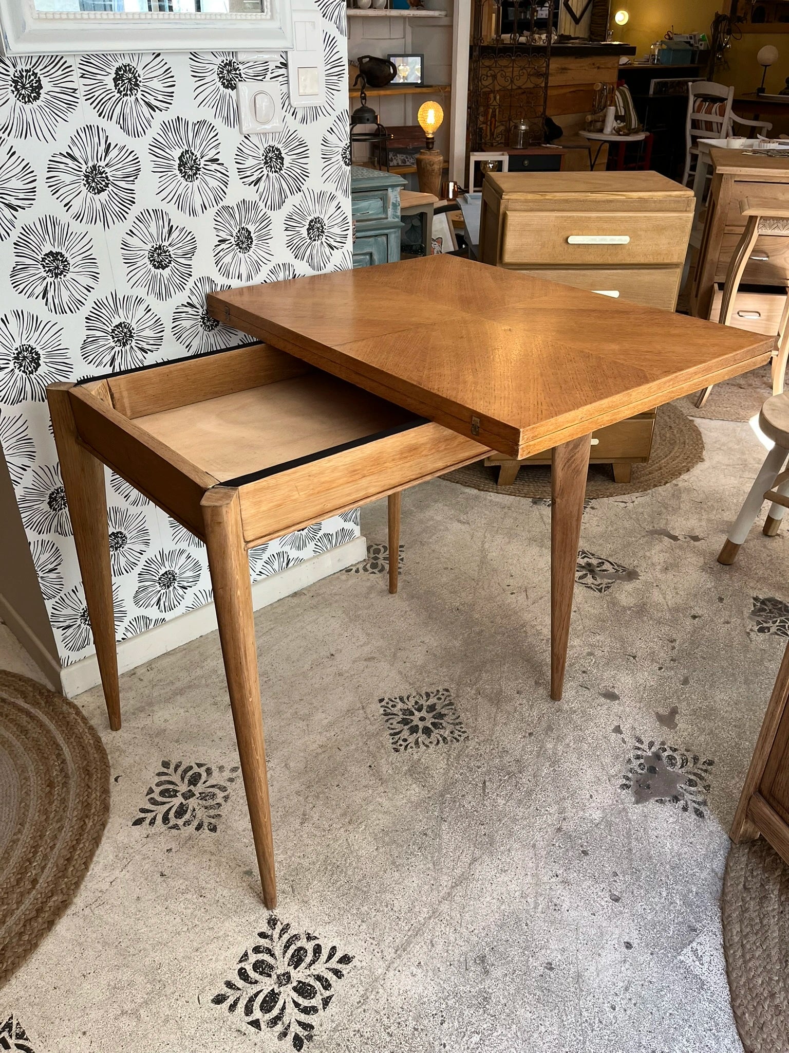 Table Garance vintage bois style scandinave pieds compas rallonge années 50 60 70