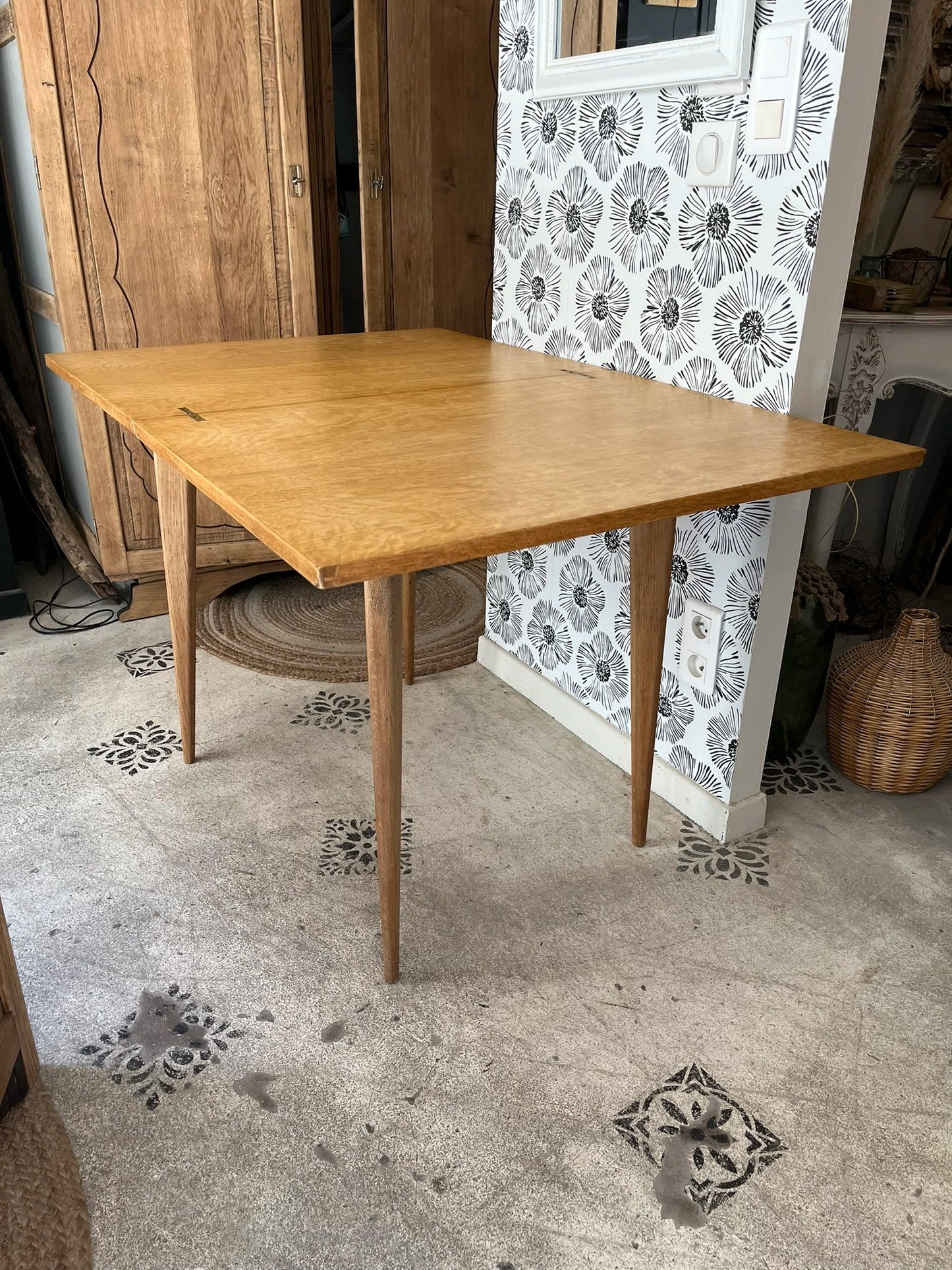 Table Garance vintage bois style scandinave pieds compas rallonge années 50 60 70