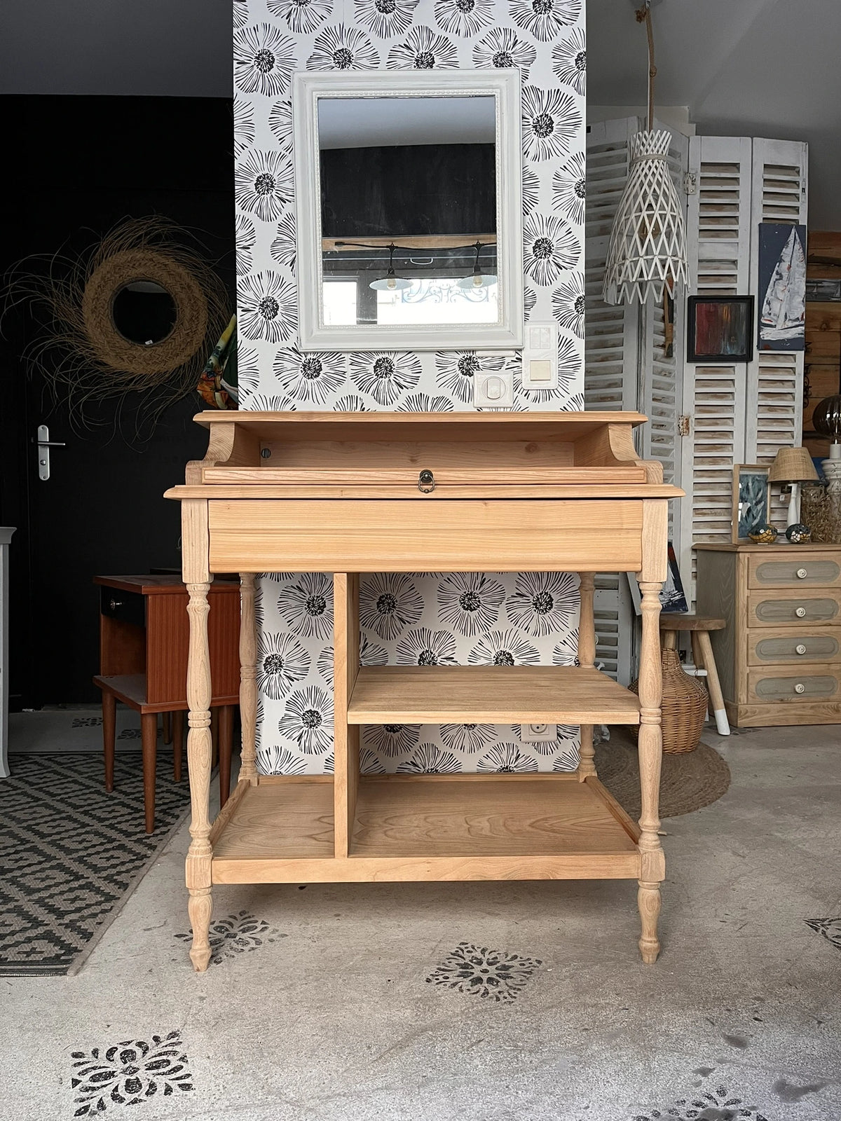 Bureau secrétaire console bois clair vintage Alphonse tiroir Bordeaux
