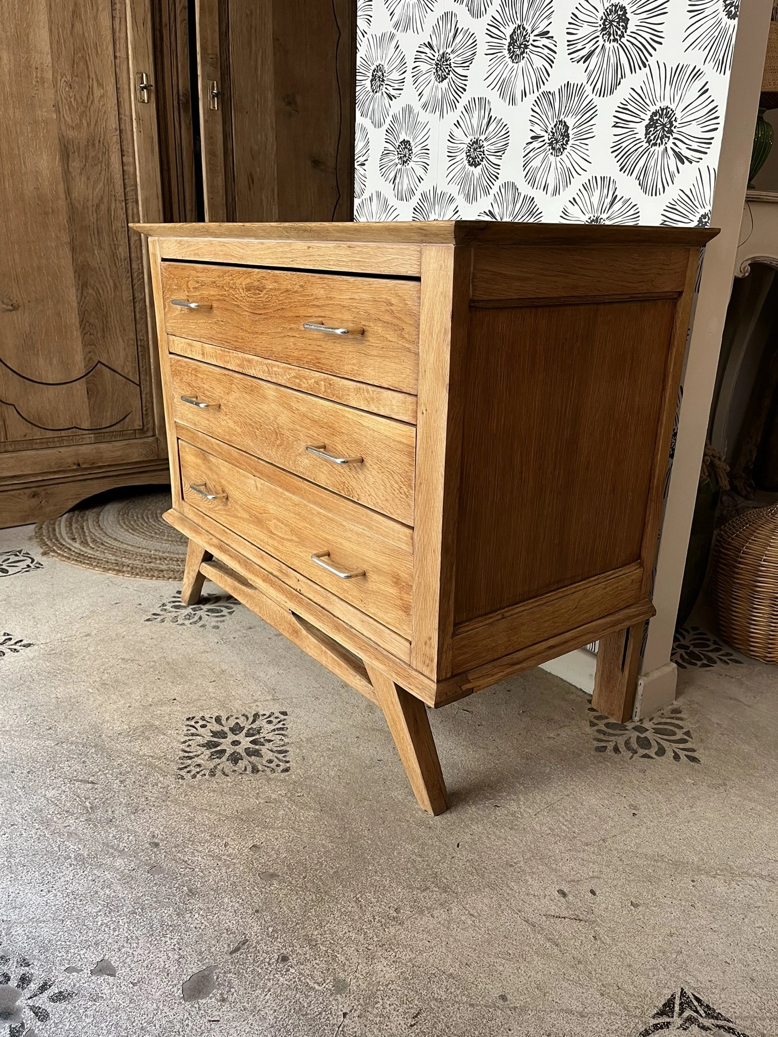 Commode vintage Oscar scandinave pieds compas 3 tiroirs années 50 60 70