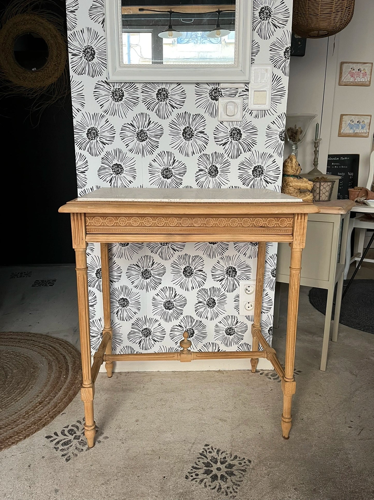 Console petit bureau vintage Calixte sculpté bois massif et marbre