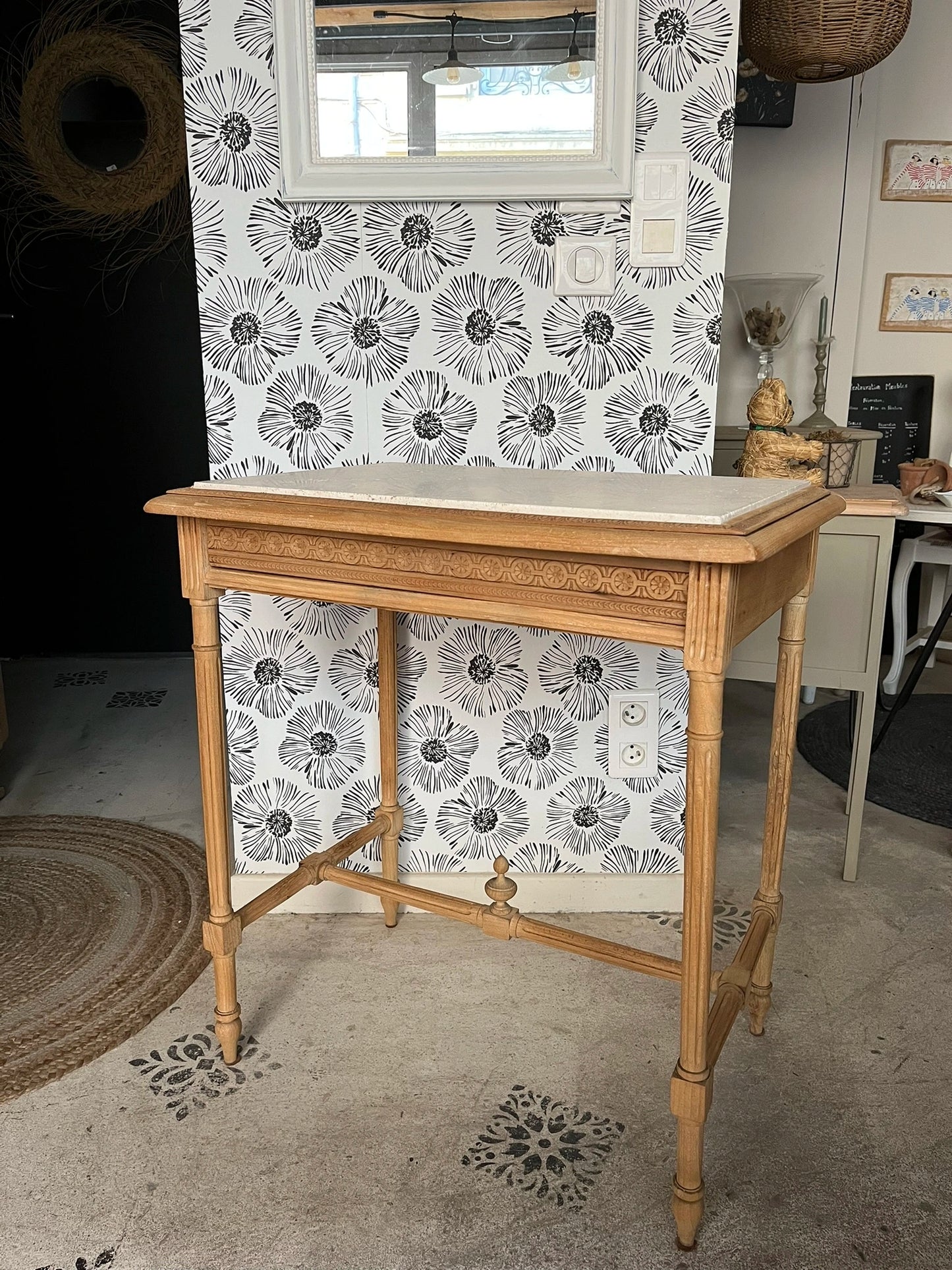 Console petit bureau vintage Calixte sculpté bois massif et marbre