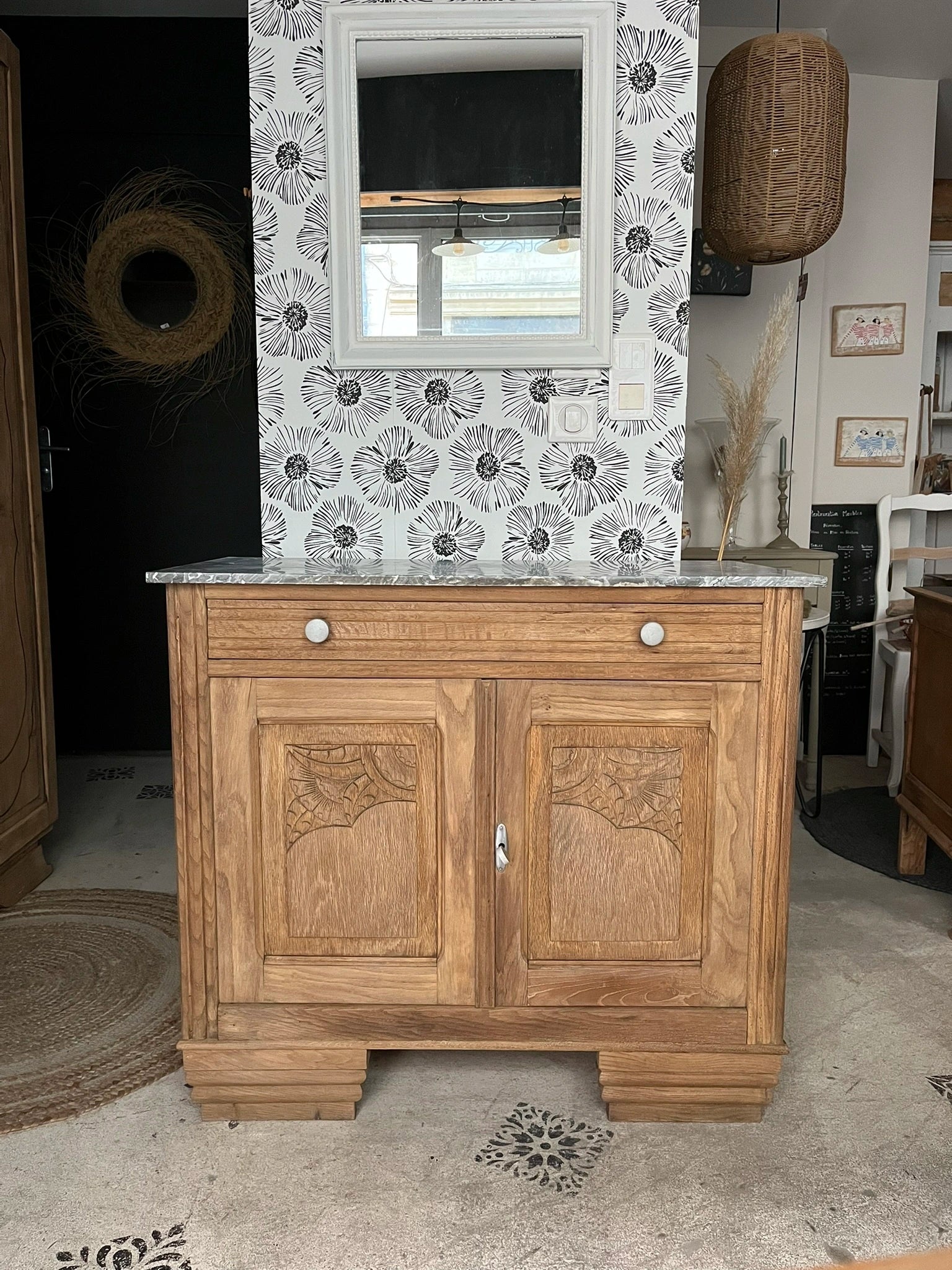 Buffet vintage Art Déco bois massif chêne et marbre