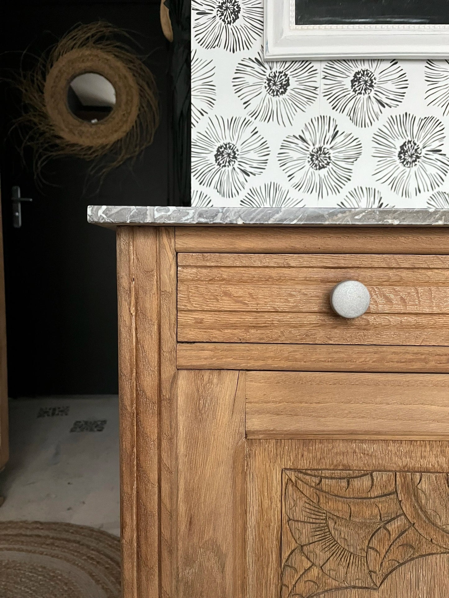 Buffet vintage Art Déco bois massif chêne et marbre