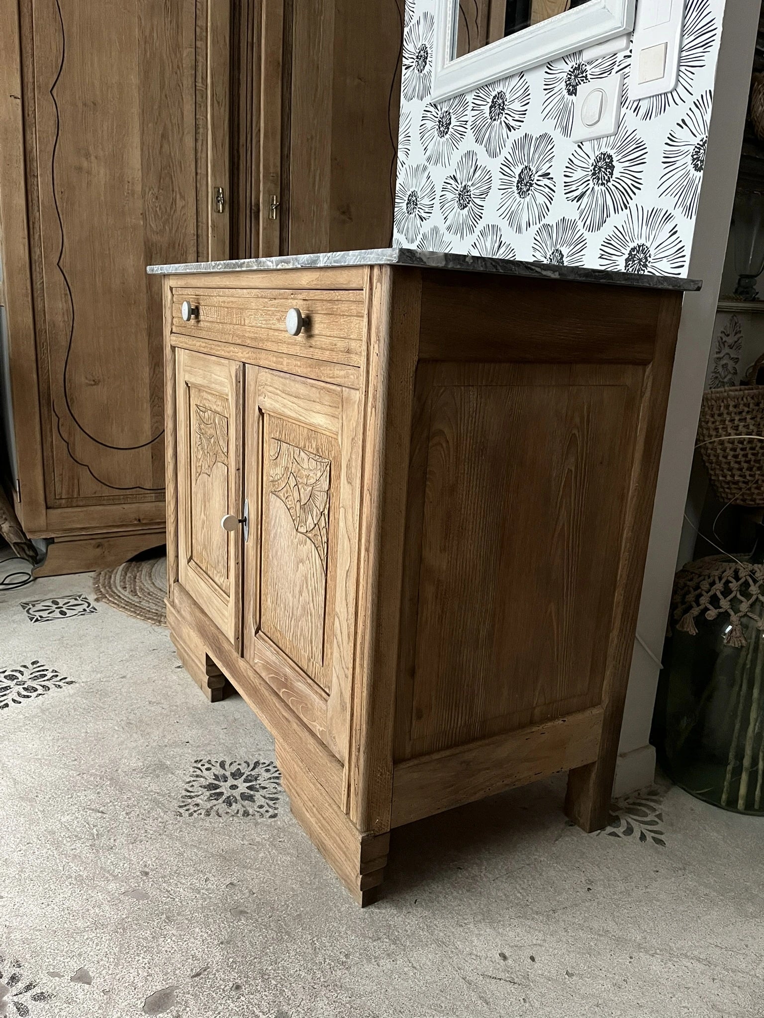 Buffet vintage Art Déco bois massif chêne et marbre