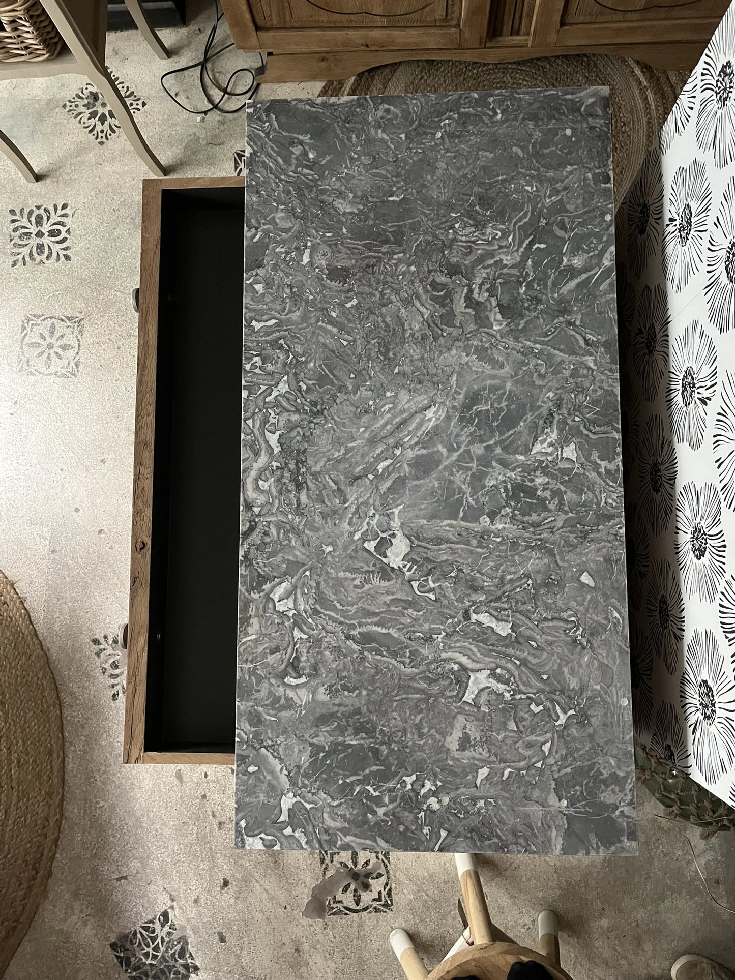 Buffet vintage Art Déco bois massif chêne et marbre